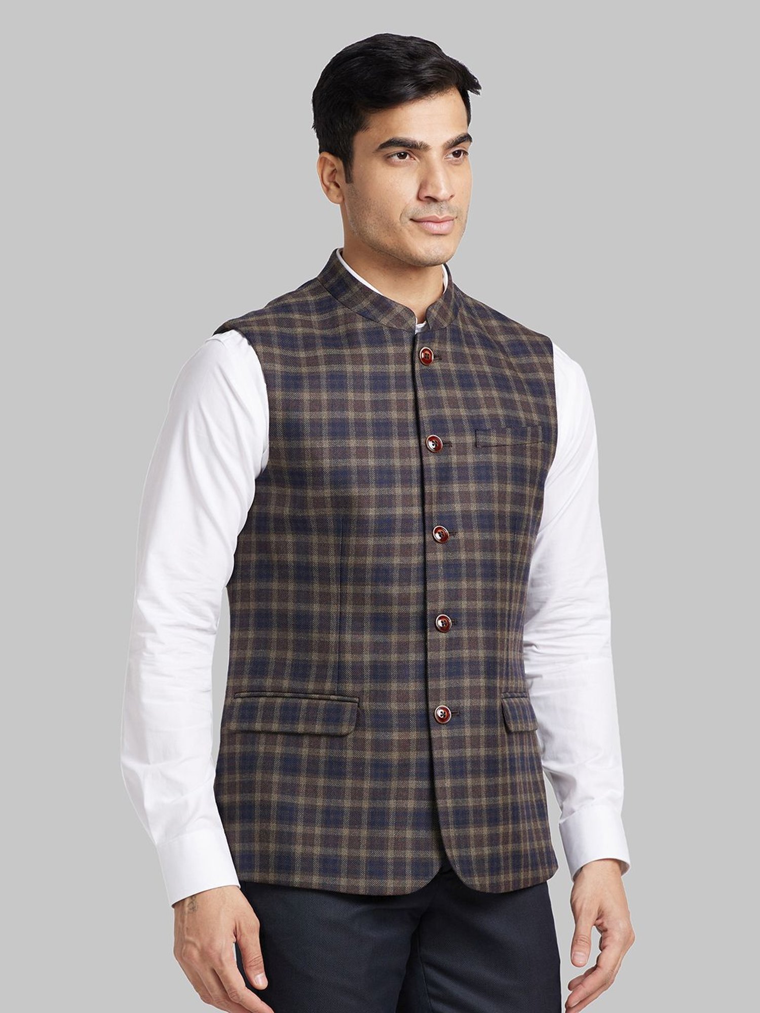 Park Avenue Brown & Blue Slim Fit Checks Nehru Jacket