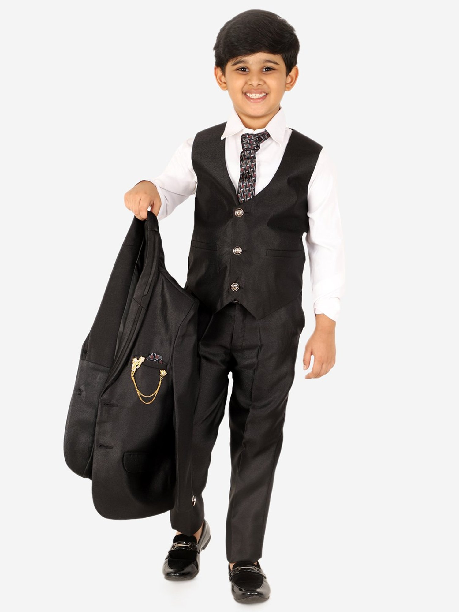 Pro-Ethic Style Developer Kids Black & White Solid Full Sleeves Shirt, Waistcoat, Pants with Tie