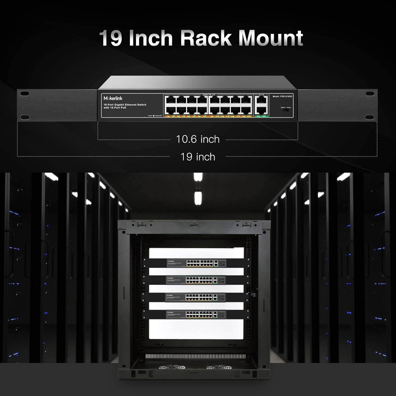 MokerLink 16 Port Gigabit PoE Switch, 2 Gigabit Uplink, 250W IEEE802.3af/at, Rackmount Unmanaged Plug and Play Ethernet Switch
