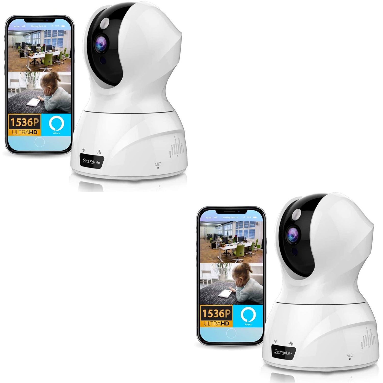 SereneLife IP WIFI 1536p HD Security Camera with Remote App Control (2 Pack)