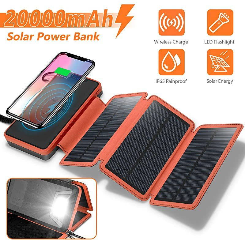 Charger 20000mAh 45W Wireless Charger Portable Power Bank External Battery Pack with 3 Panels Flashlight Dual 5V21A USB Port IP65 Rainproof for Camping Hiking FishingOrange