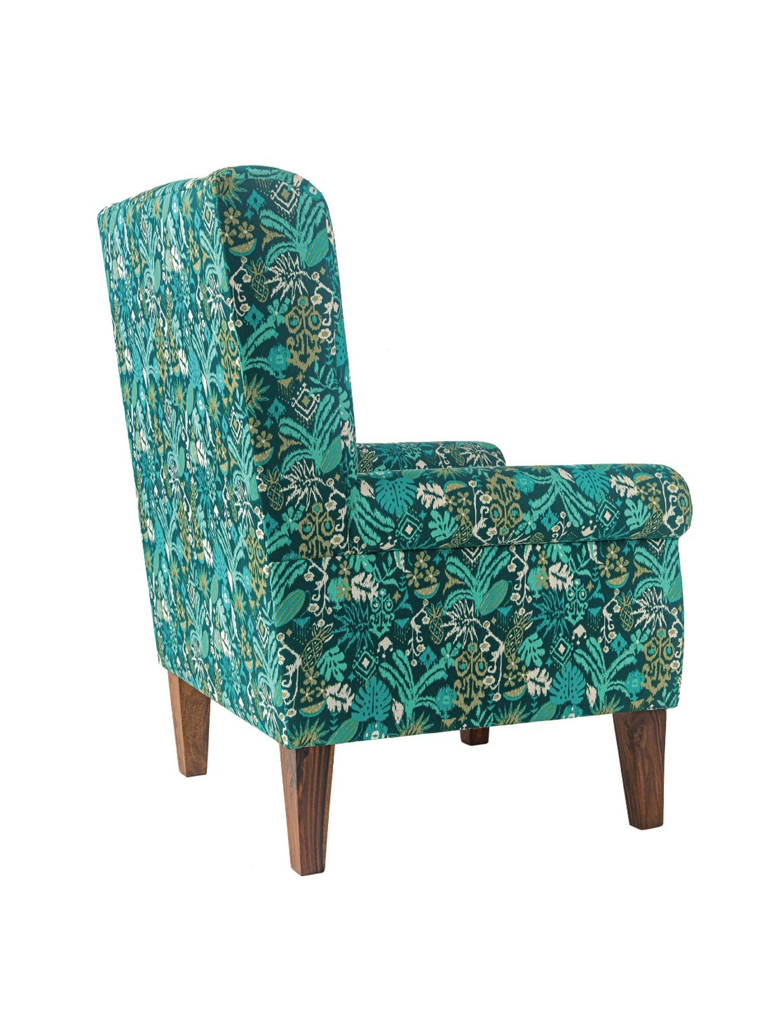 Chumbak Tropical Ikkat Floral Green Sheesham Wood Begum Wing Chair