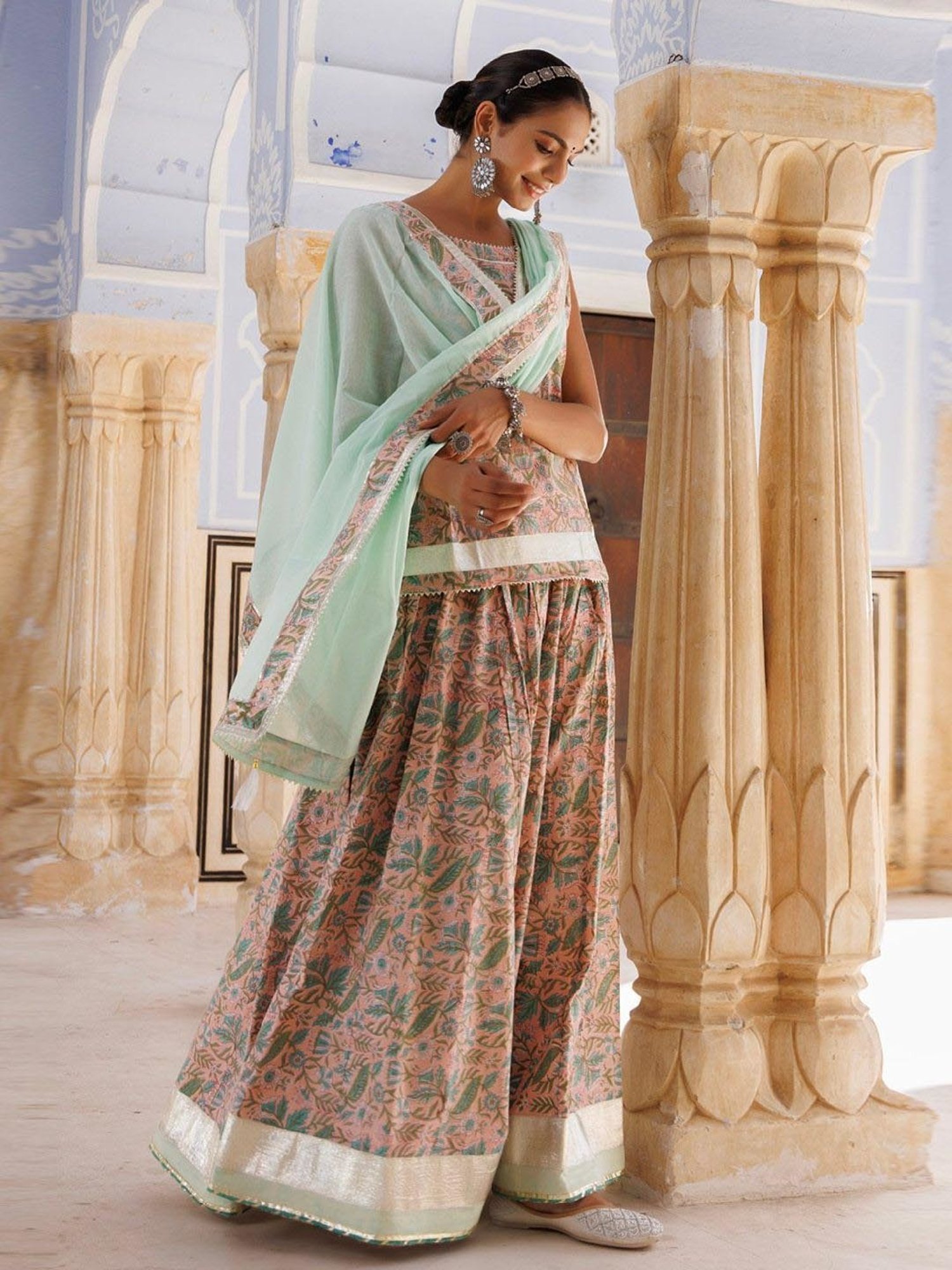 Geroo Jaipur Peach-Green Pure Cotton Hand Block Printed Skirt Set