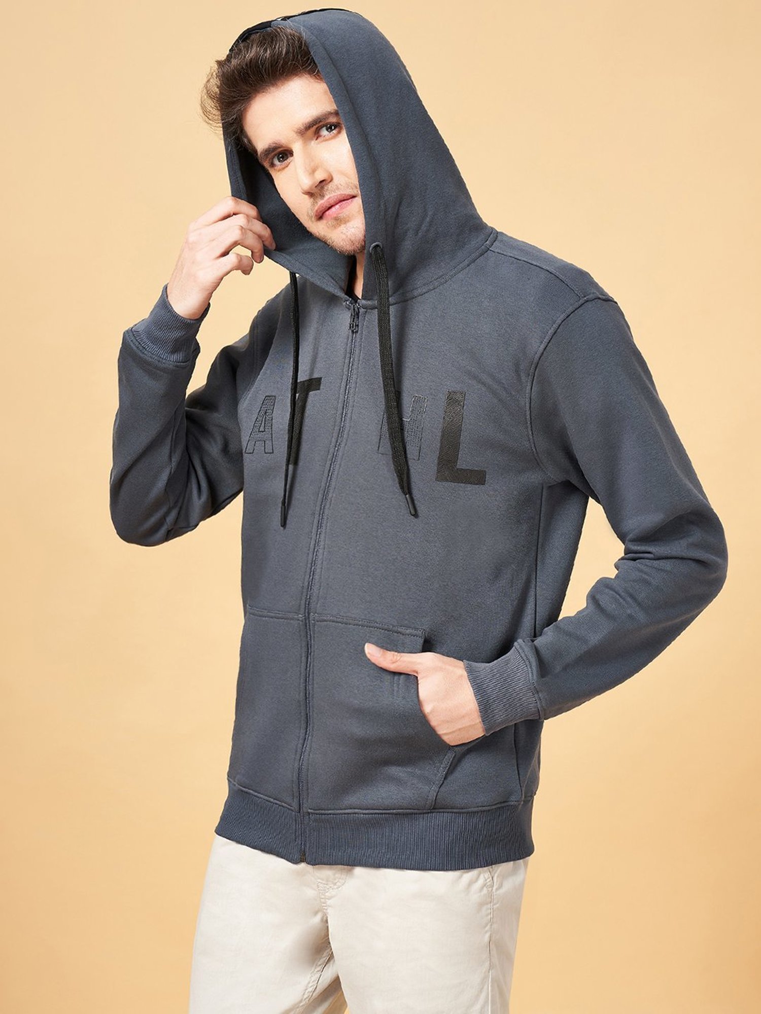 Urban Ranger By Pantaloons Grey Cotton Regular Fit Hooded Sweatshirt
