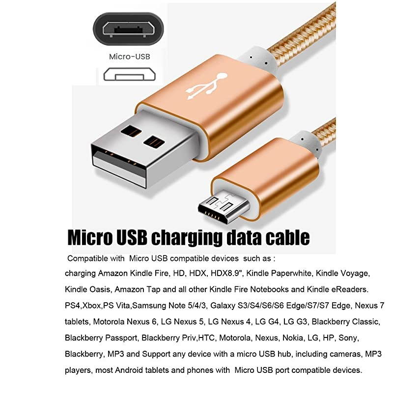 3-Pack] Micro USB Cord, Data sync and Power Charging Kindle fire Charger Cord for  Kindle Fire, Touch,HD, HDX, Kindle Paperwhite, Voyage, Oasis,  Tap,Nextbook M902R M907(Gold)