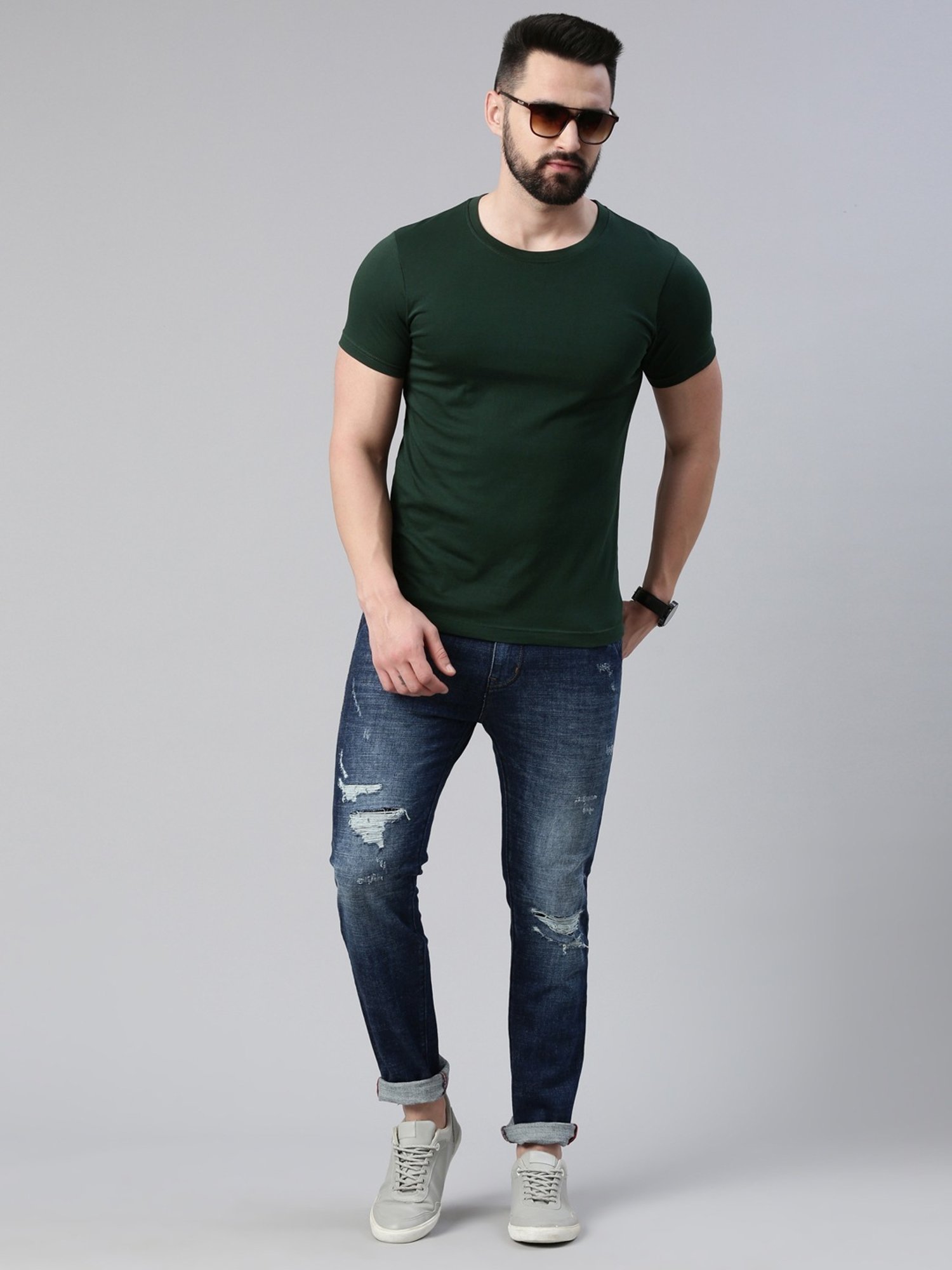 CINOCCI Blue Cotton Slim Fit Distressed Jeans