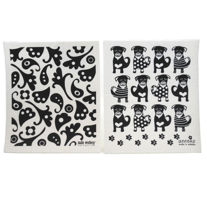 Swedish Dish Cloth 7.75" Black Dogs Black Flowers Dish Cloths Eco-Friendly Absorbant  -  Dish Cloth