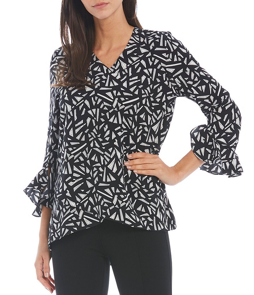 Calessa Petite Size 3/4 Ruffle Cuff Sleeve Surplice V-Neck Cross Over Hem Geo Print Tunic