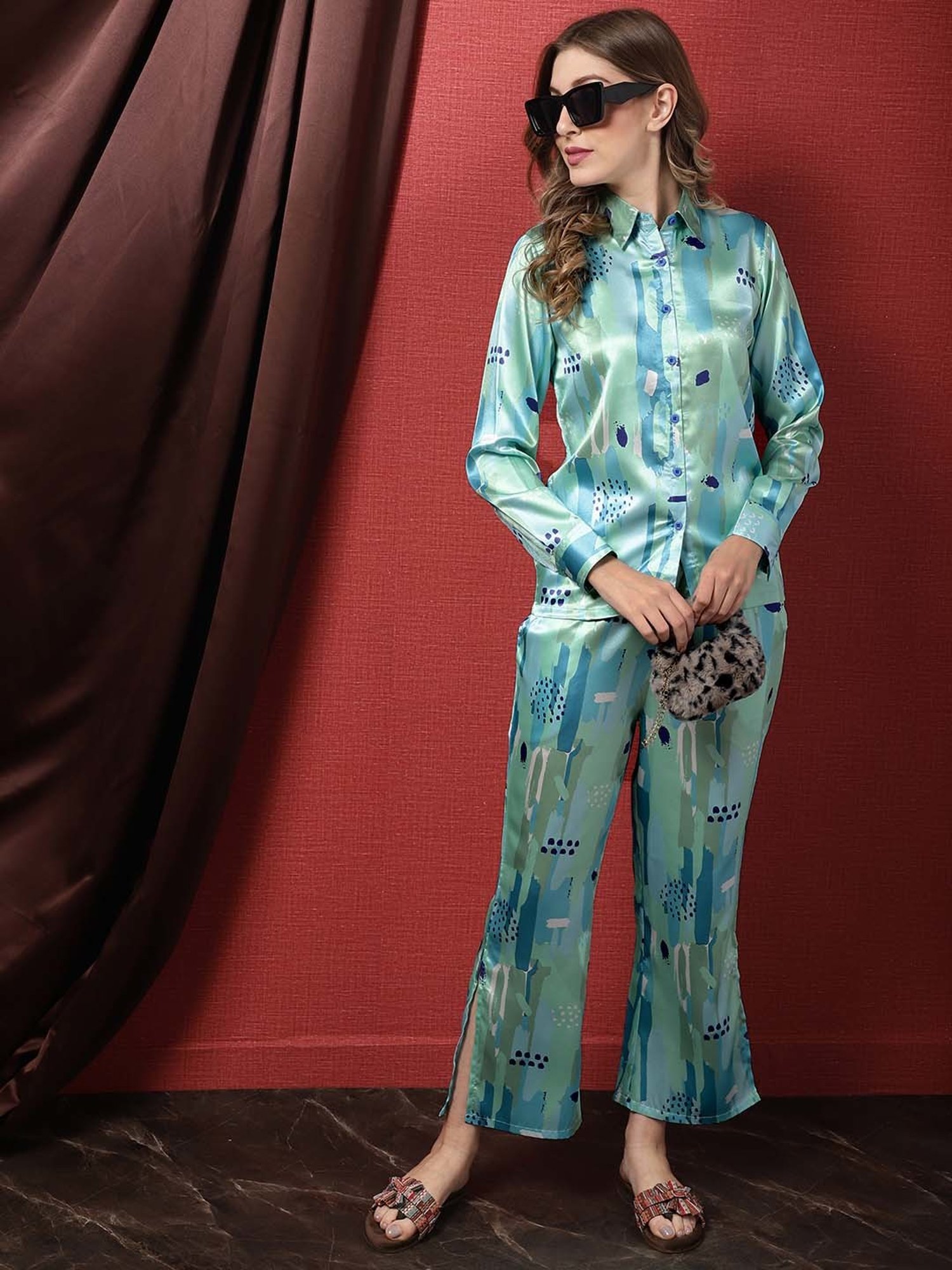 Claura Blue Printed Shirt Pant Set