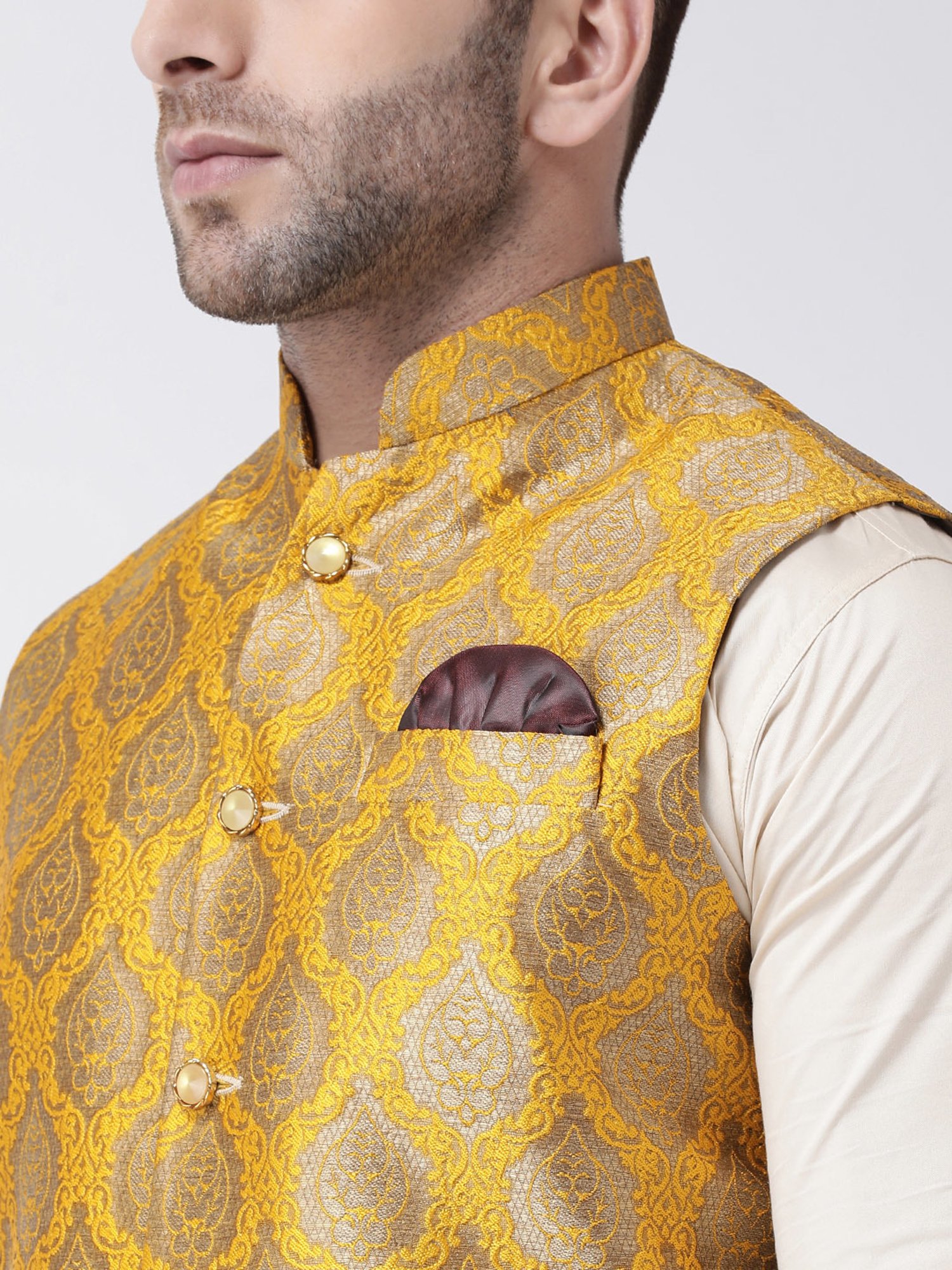 Hangup Plus Mustard Regular Fit Jacquard Nehru Jacket
