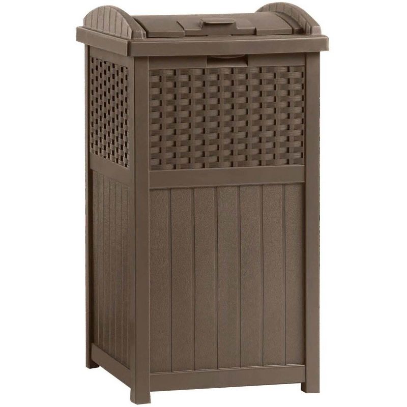 Suncast GHW1732 15.75" x 16" x 31.6" Trashcan Hideaway Outdoor Commercial 33 Gallon 31.6" Resin Garbage Waste Bin with Lid in Brown for Garage, 2 Pack
