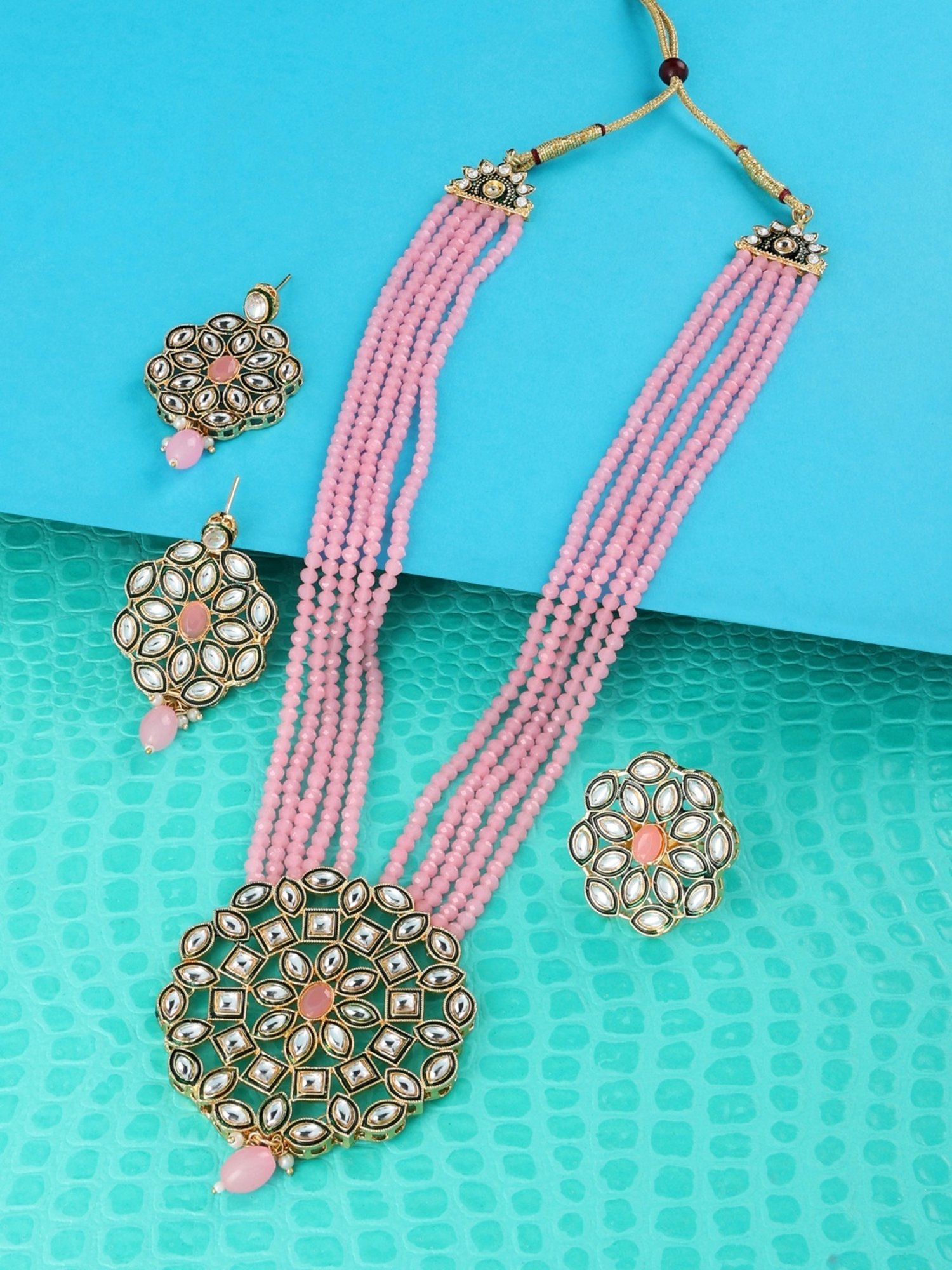 Zaveri Pearls Pink Multistrand Beaded Kundan Long Necklace Earring & Ring Set-ZPFK13783