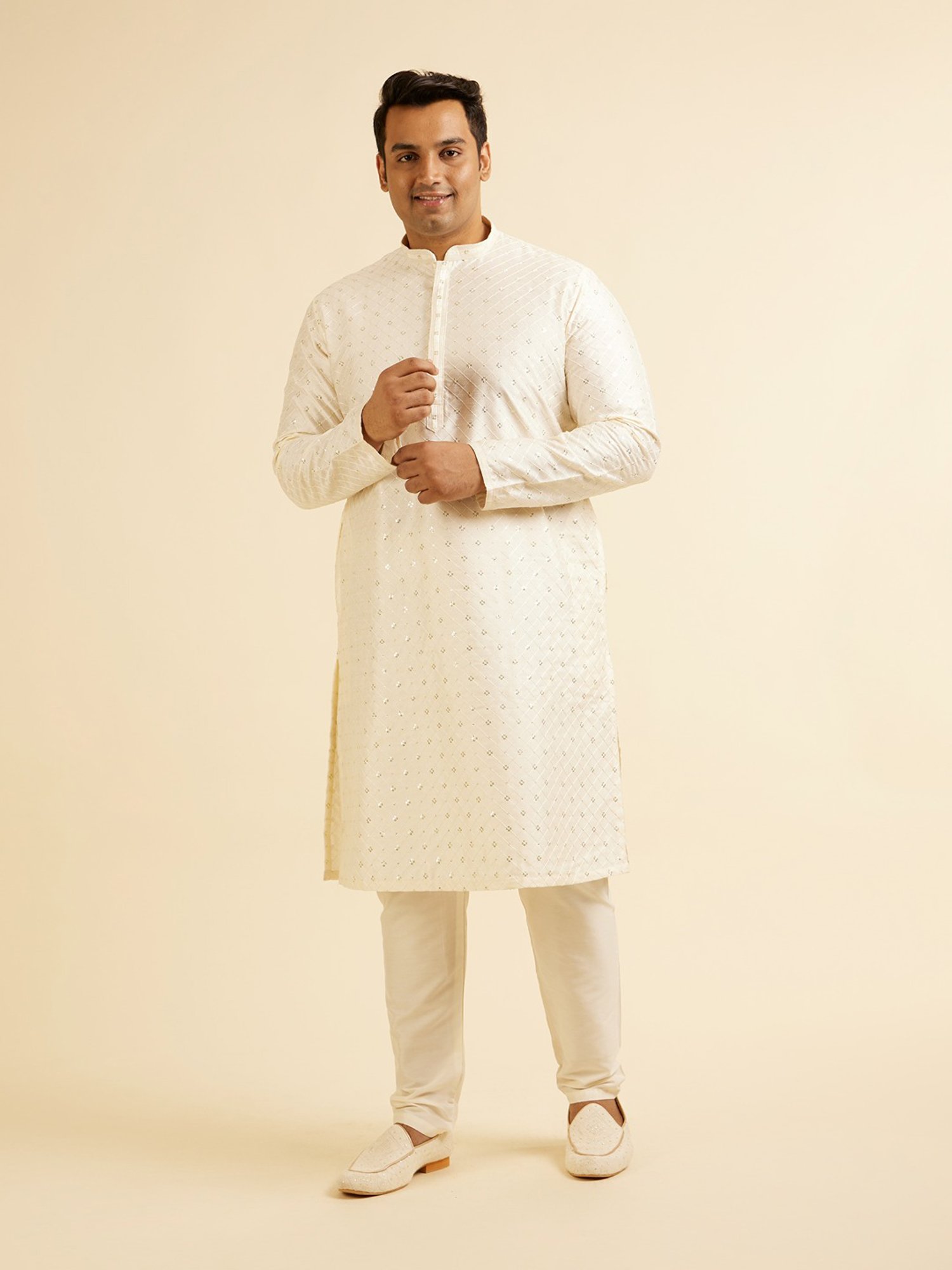 Manyavar Cream Regular Fit Embroidered Plus Size Kurta and Pyjama Set