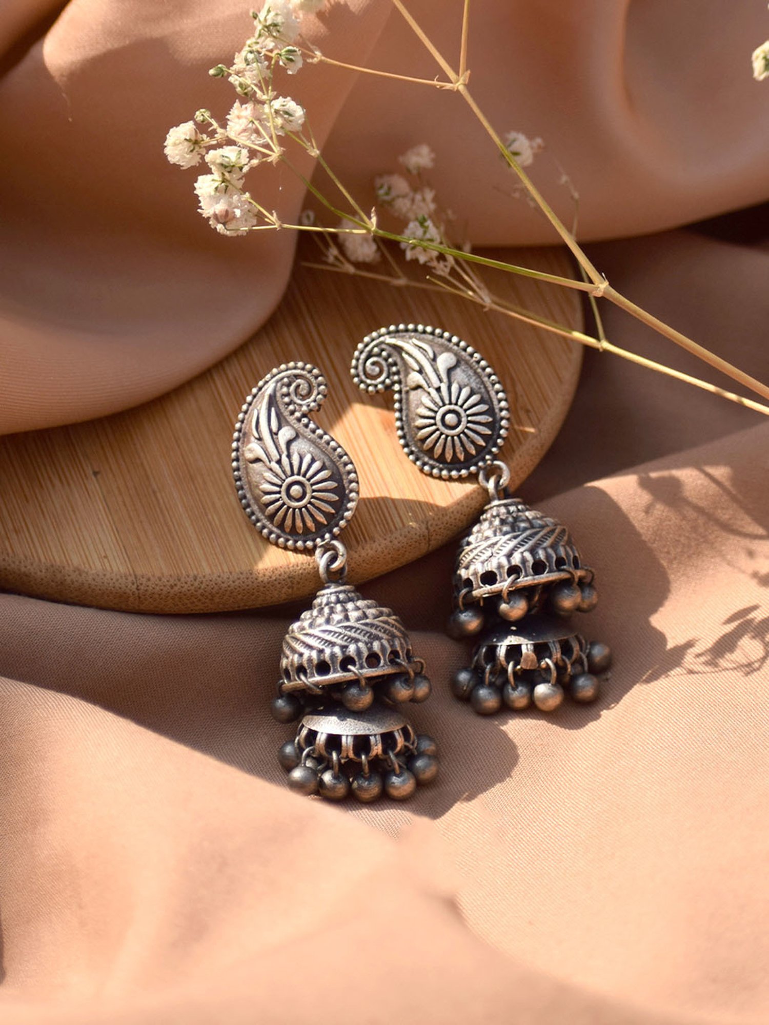 Teejh Mango Butti Silver Oxidized Jhumki Earrings