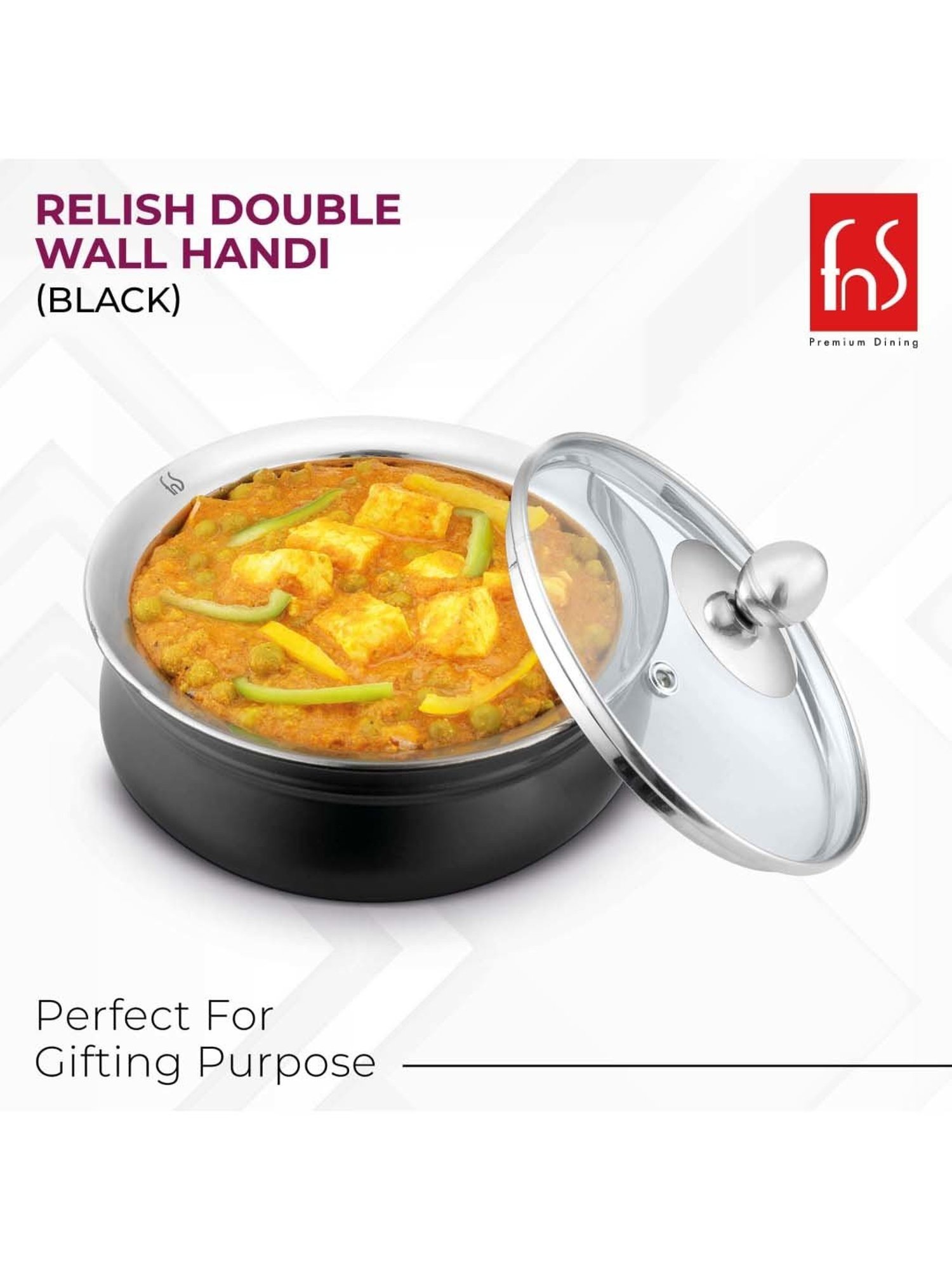 FnS Relish Black Stainless Steel Handi With Lid (0.5 L)