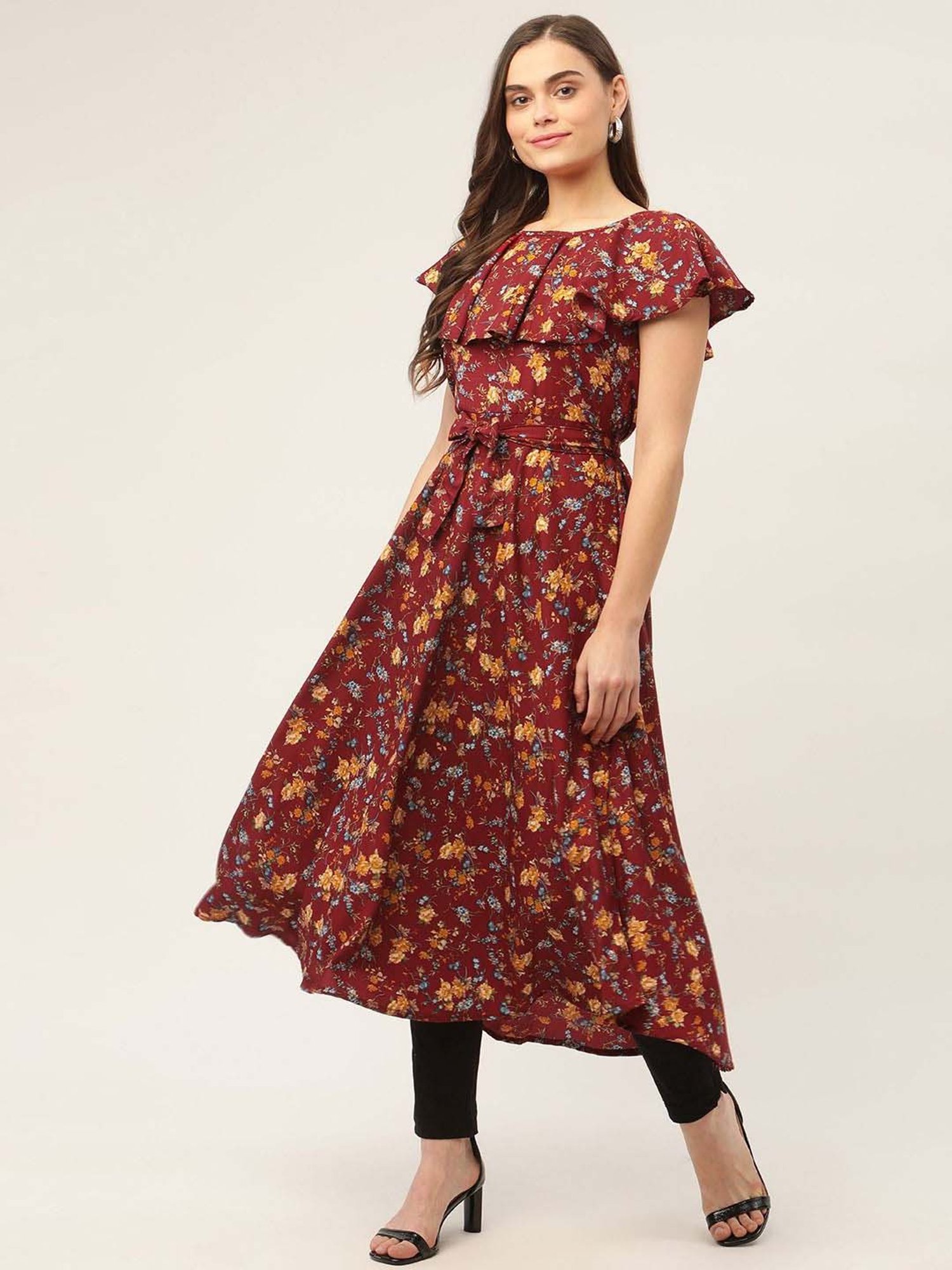 Jompers Maroon Pure Cotton Floral Print Flared Kurta