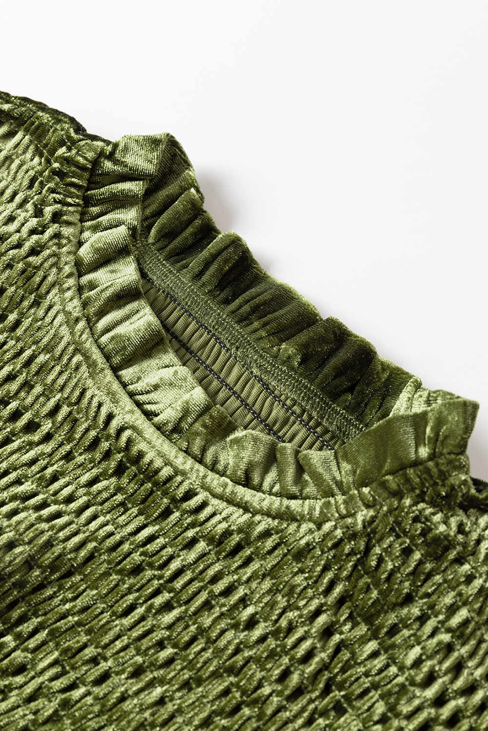 Green Smocked Lantern Sleeve Frilled Velvet Dress