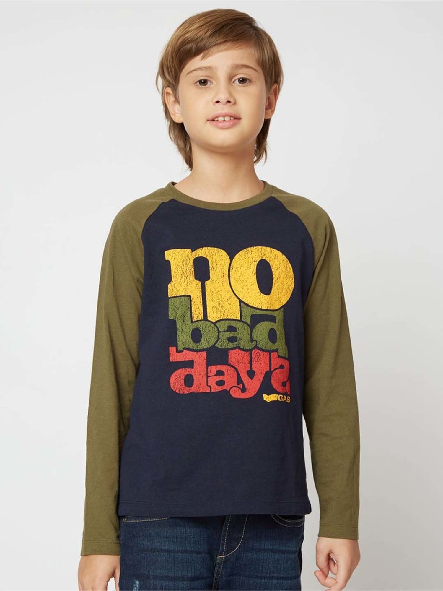 Gas Kids Navy & Green Cotton Printed Full Sleeves T-Shirt