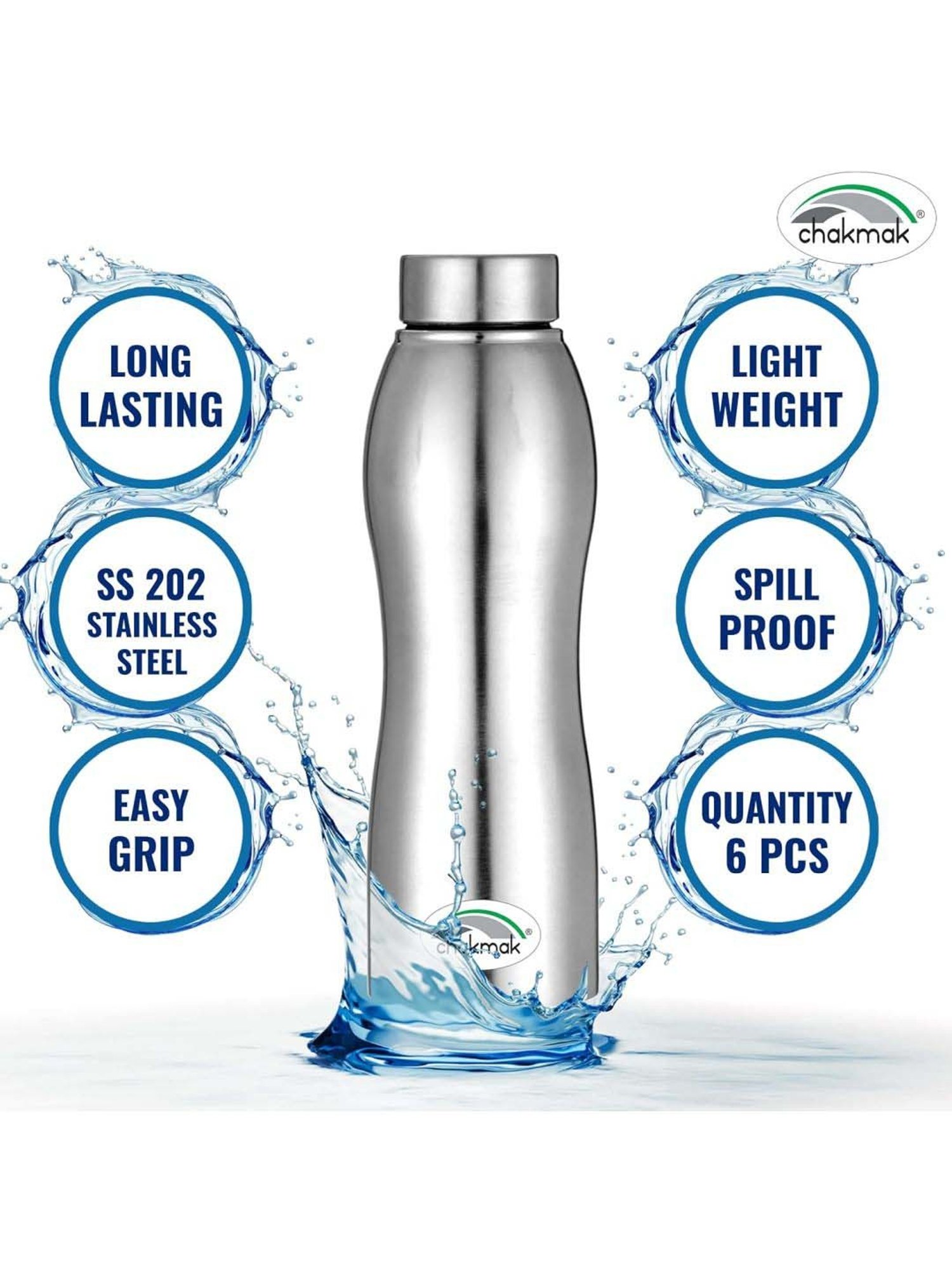 Chakmak Silver Stainless Steel Water Bottle - Set of 6
