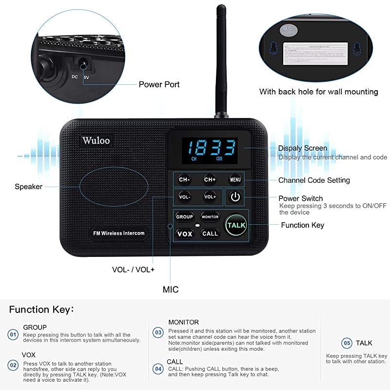 Intercoms Wireless for Home 1 Mile Range 22 Channel 100 Digital Code Display Screen Wireless Intercom System for Home House Business Office Room to Room Intercom Communication3Stations Black
