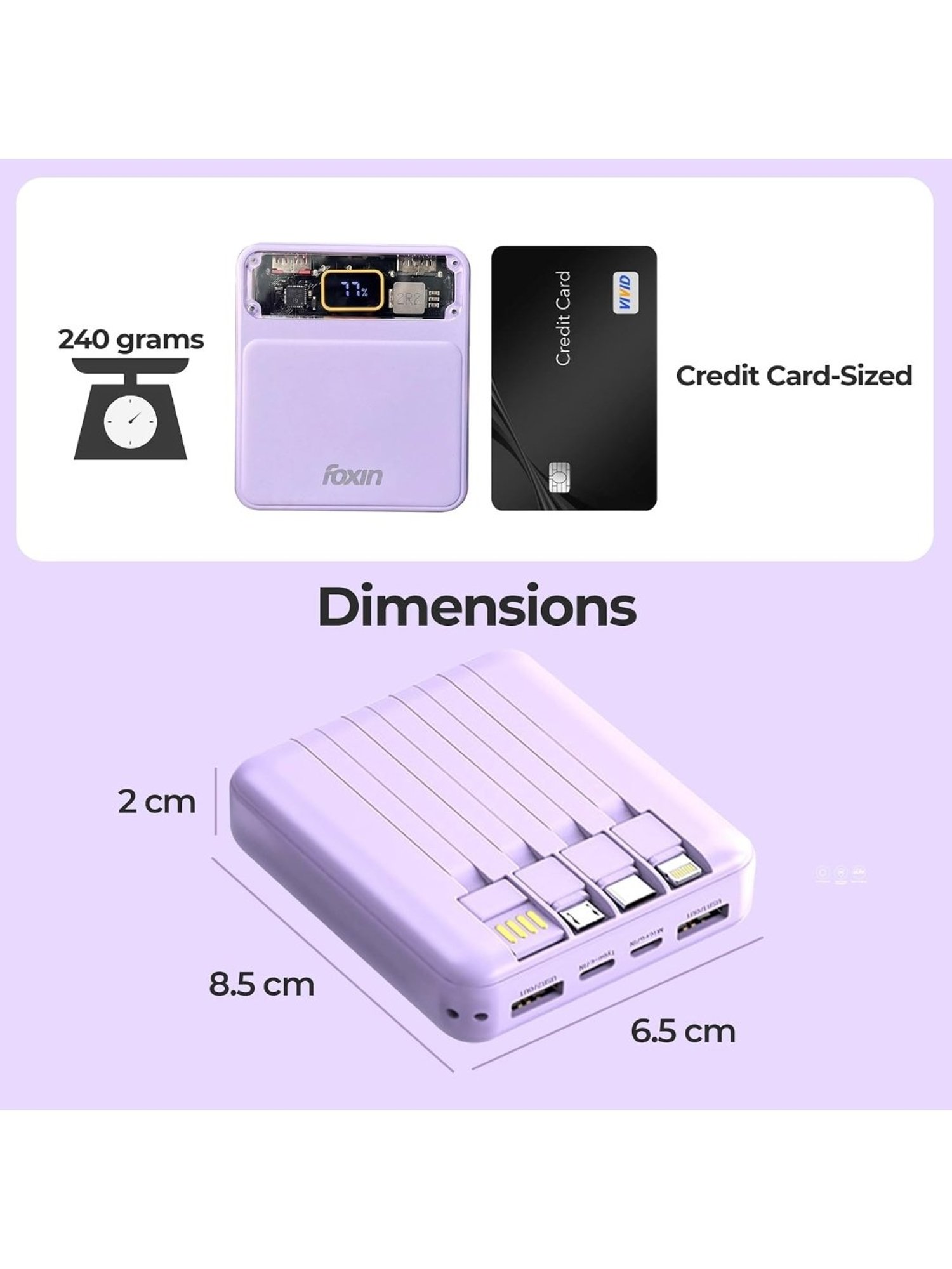 Foxin All-in-One 22.5W QC plus PD 10000 mAh Power Bank with Built-in Charging Cables (Purple)