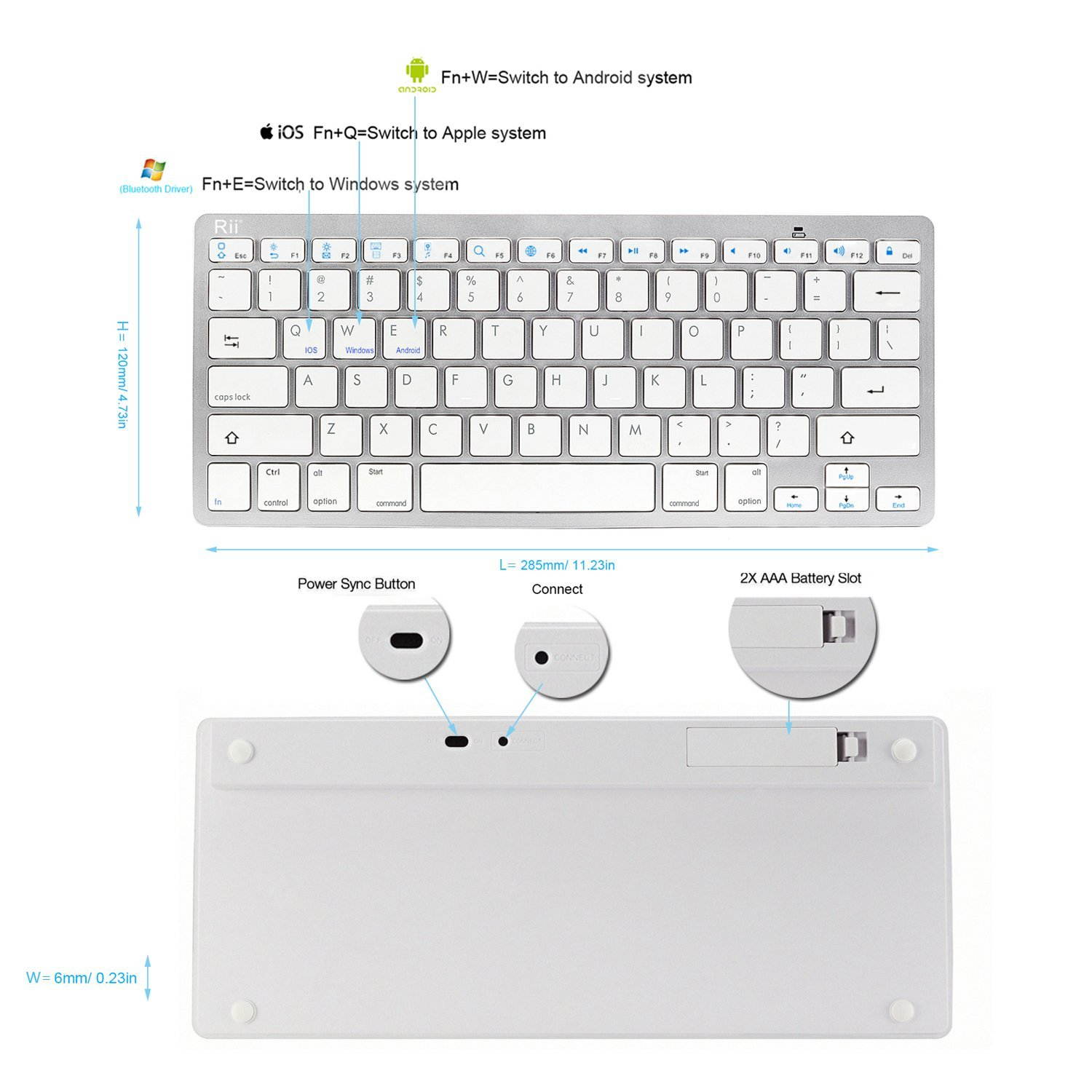 BT09 Ultra Slim Lightweight Mini Wireless Bluetooth Keyboard For iOS Android Windows Devices iPad Mini, iPhone MacBook, Tablets PC Samsung Galaxy Android Smart TV Box (White,US)