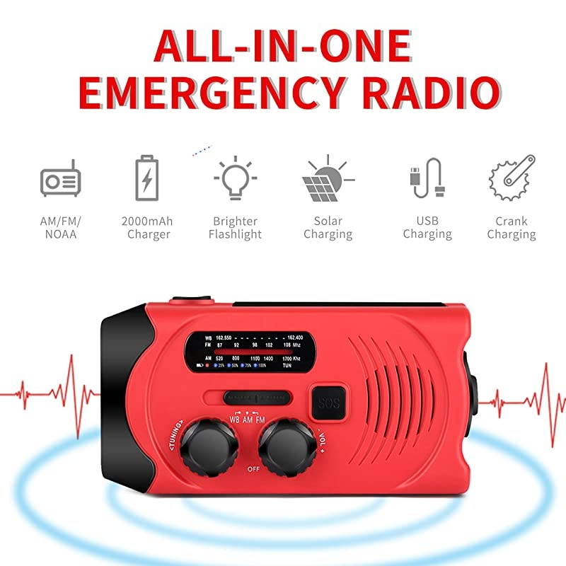 Upgraded Version]  Emergency Weather AM/FM NOAA Solar Powered Wind up Radio with SOS, 2000mAh Power Bank for Cell Phone and LED Flashlight (Red)
