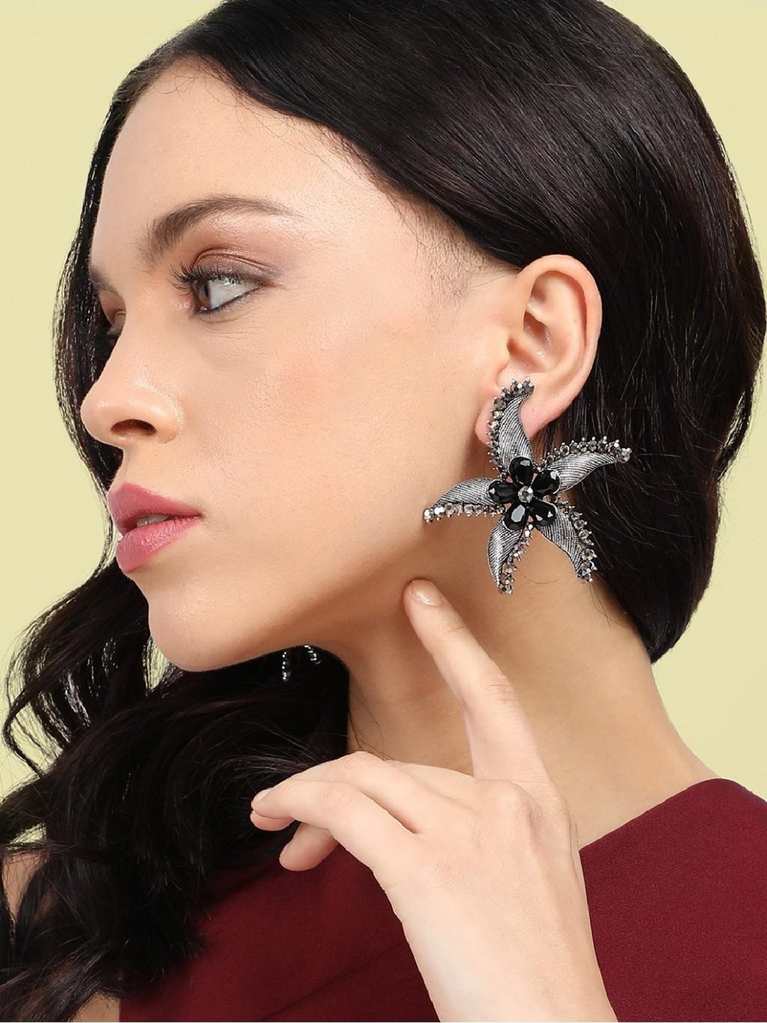 Sohi Women's Textured Stone Starfish Drop Earrings  Black