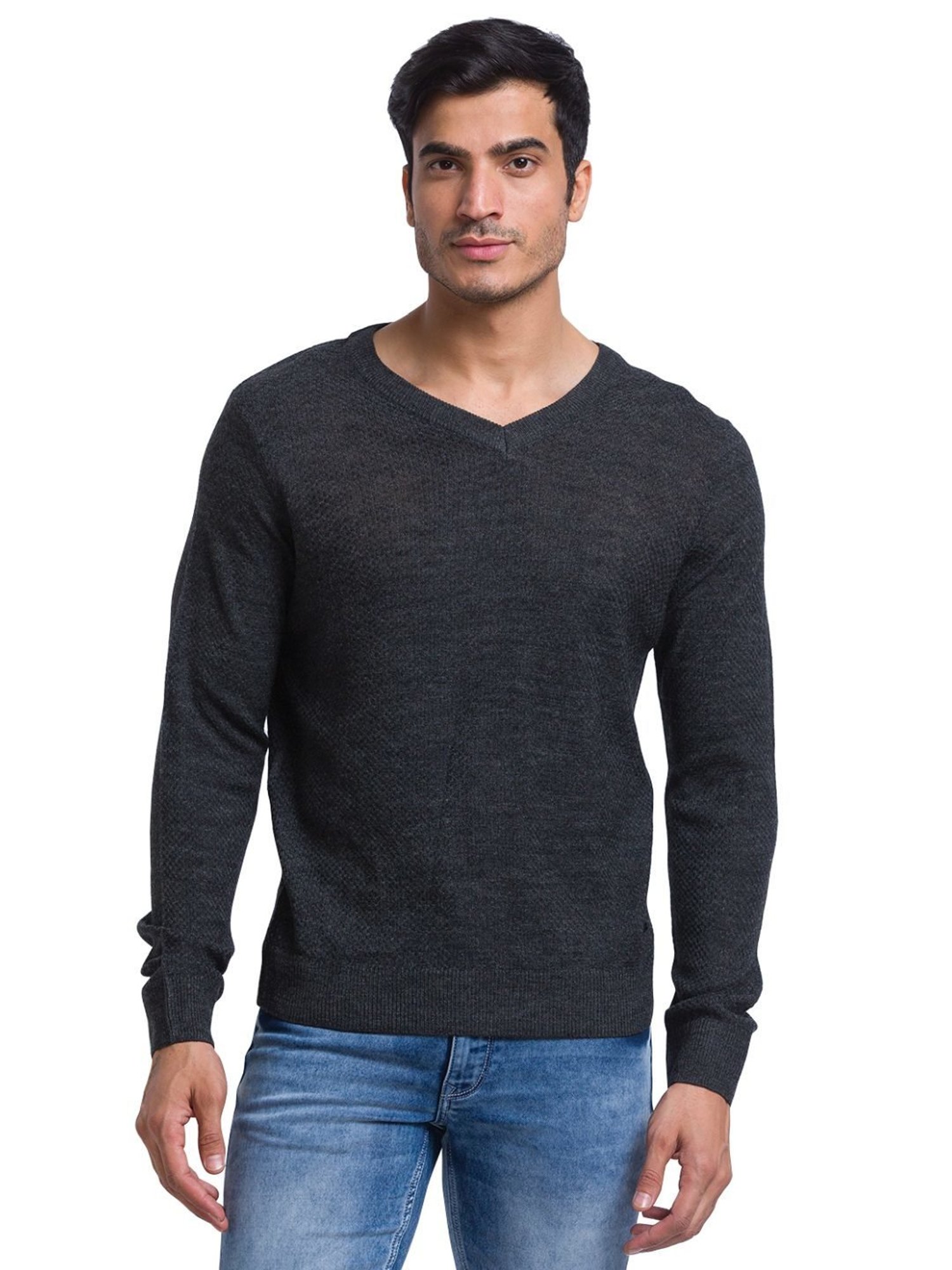 Parx Grey Regular Fit Self Pattern Sweater