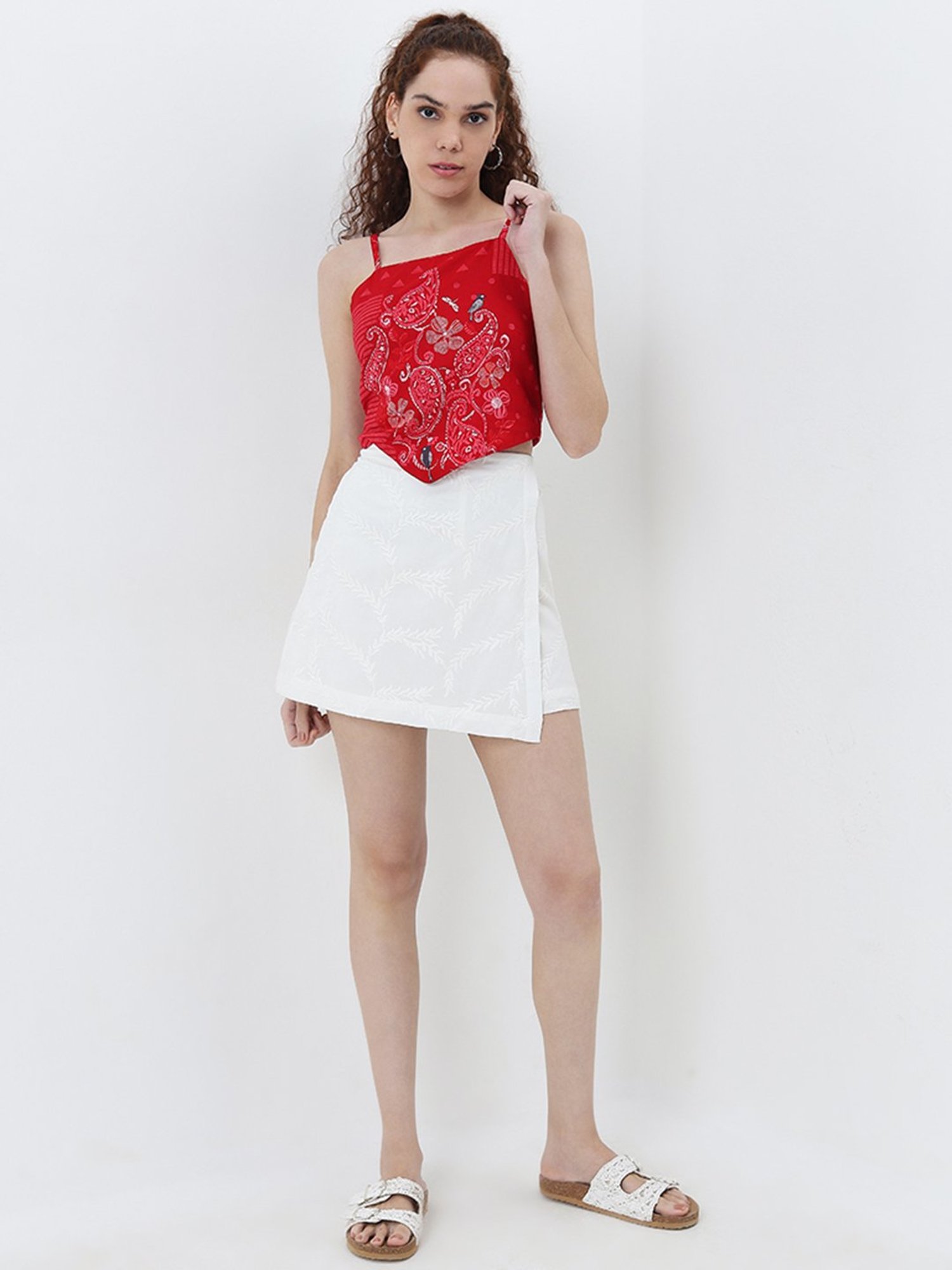 Bombay Paisley by Westside Red Paisley Printed Crop Cotton Top