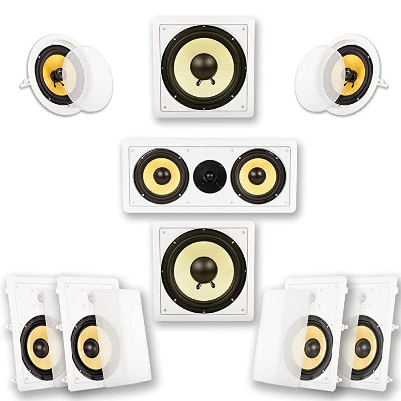 HD728 Flush Mount In-Wall/Ceiling Home Theater 7.2 Surround Sound 8 Inch Speakers (9 Speakers, 7.2 Channels, White)