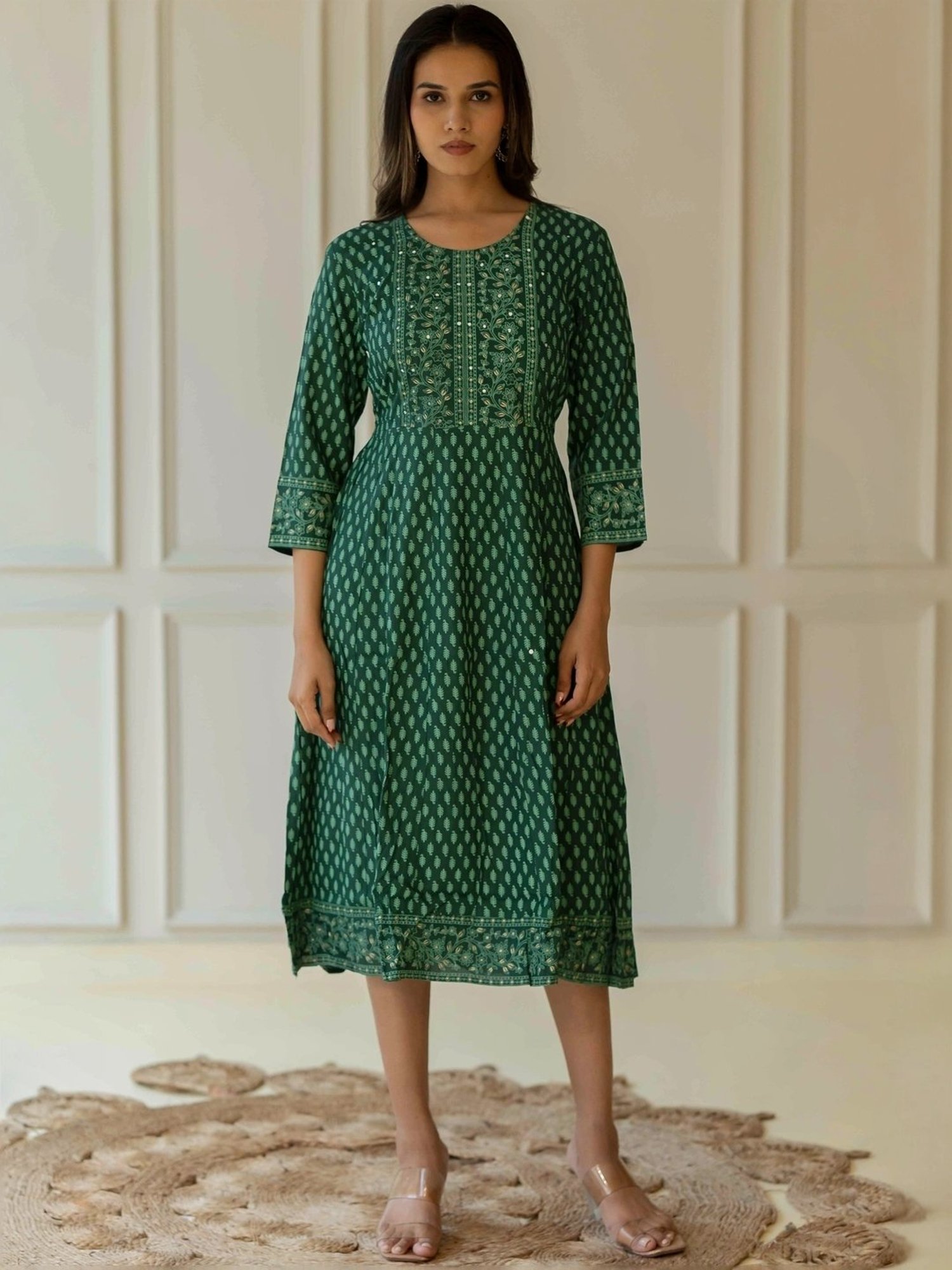 MIRCHI FASHION Green Cotton Printed A-Line Dress