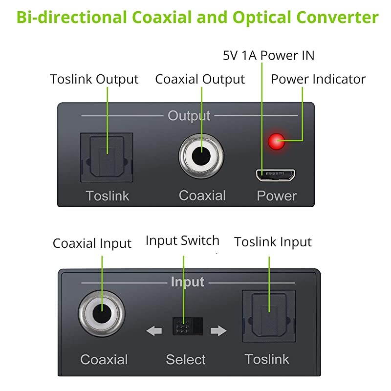 DAC Optical SPDIF Toslink to Coaxial and Coaxial to Optical SPDIF Toslink Biderectional Swither SPDIF Coaxial and Toslink Optical Splitter with 1m Optical Cable and USB Cable