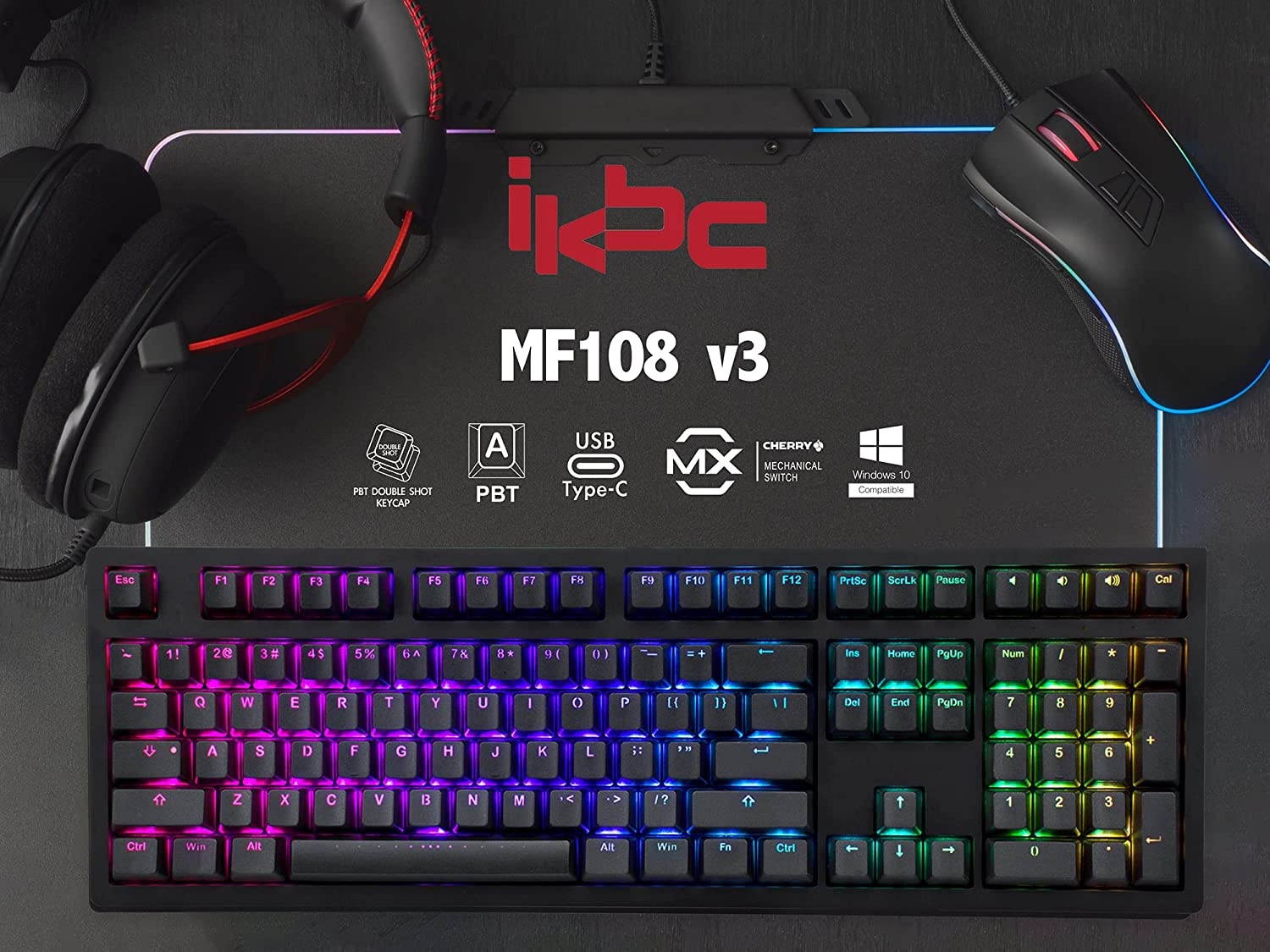 iKBC MF108 v3 RGB LED Backlit Mechanical Keyboard with Cherry MX Blue Switch for Windows and Mac, Full Size Computer Keyboards with PBT Double Shot Keycaps, CNC Aluminum Black Color Case, ANSI/US