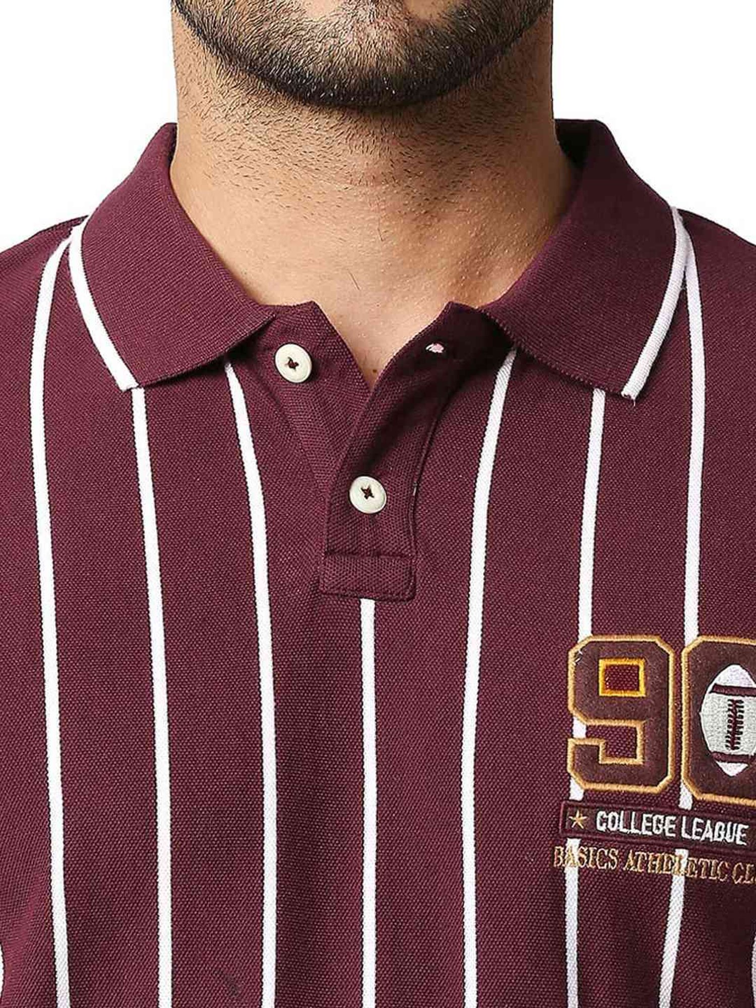 Basics Maroon Banner Cotton Muscle Fit Striped Polo T-Shirt