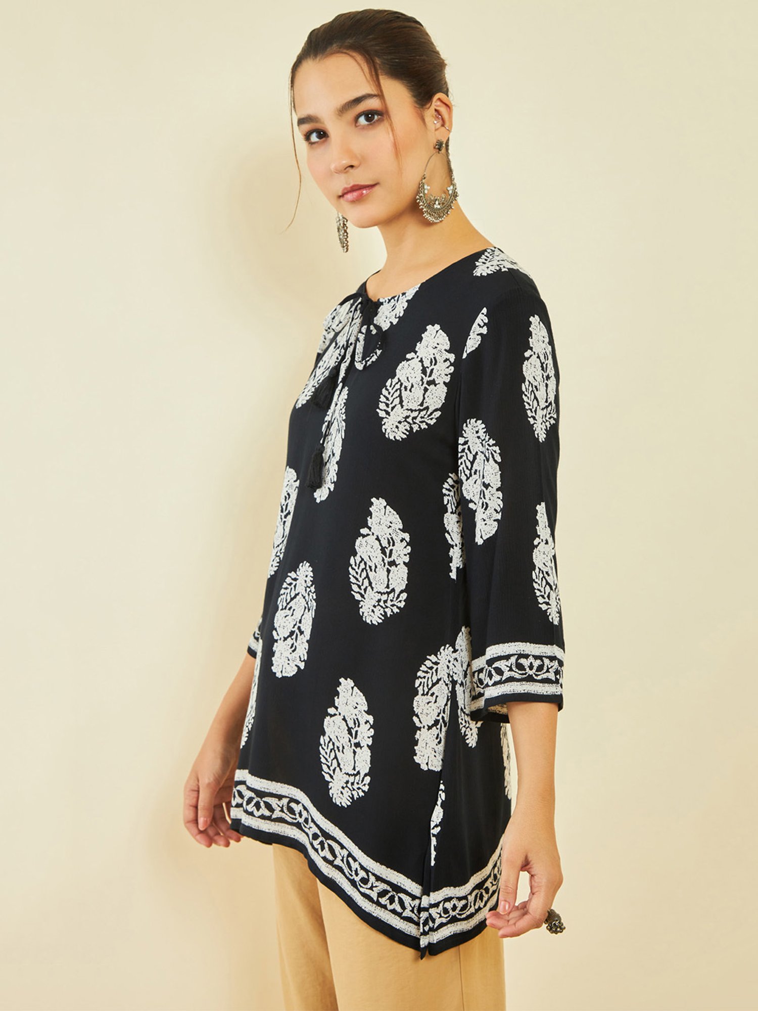 Soch Black Crepe Floral Print Round-Neck Tunic with Vented Hemline