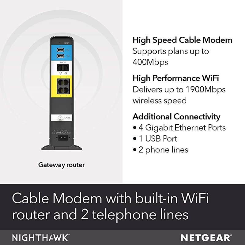 Nighthawk Cable Modem WiFi Router Combo with Voice C7100V For Xfinity by Comcast Internet Voice | Supports Cable Plans Up to 400 Mbps | 2 Phone lines | AC1900 WiFi speed | DOCSIS 30