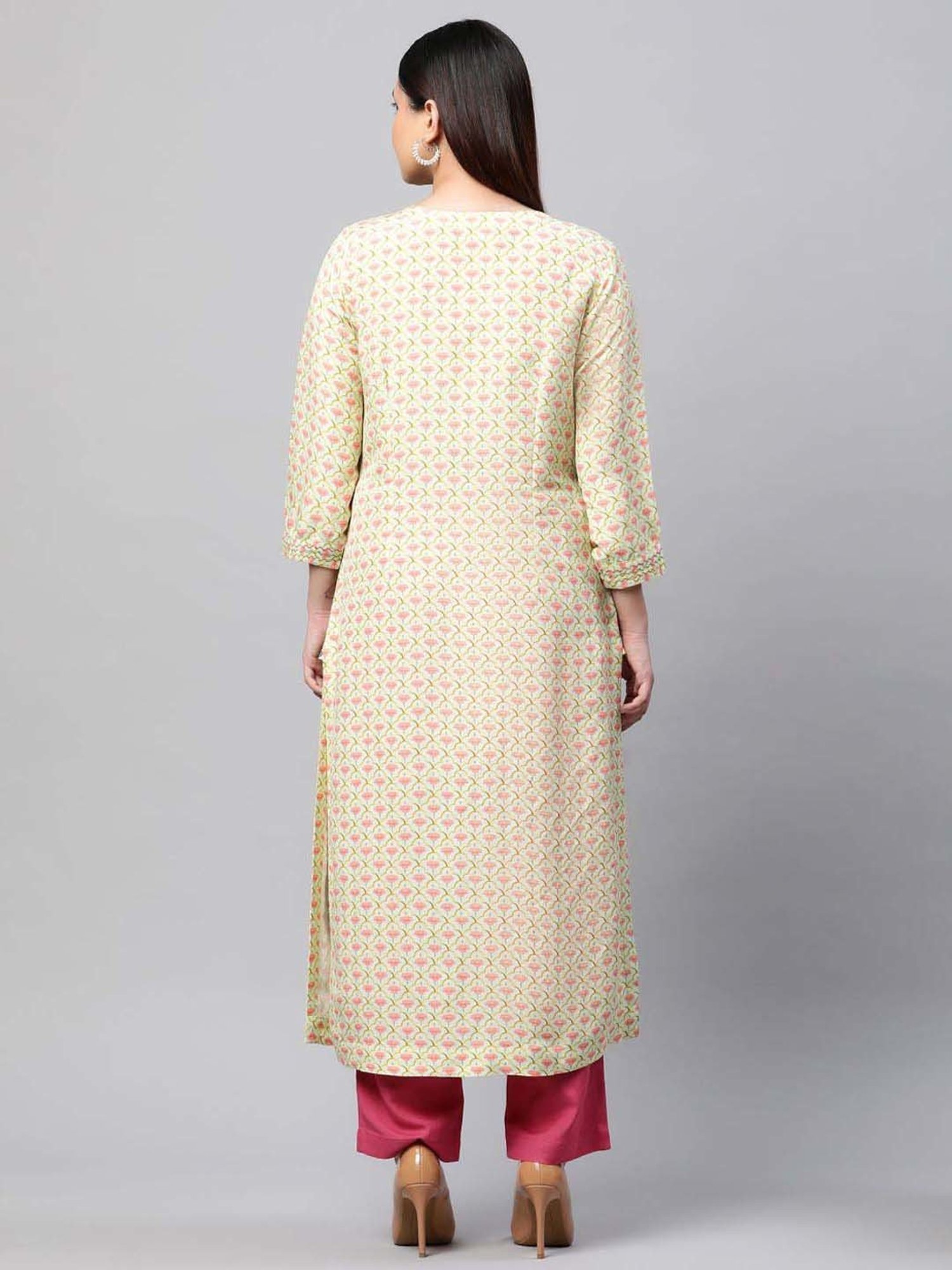 Linen Club Woman Beige Linen Floral Print Straight Kurta