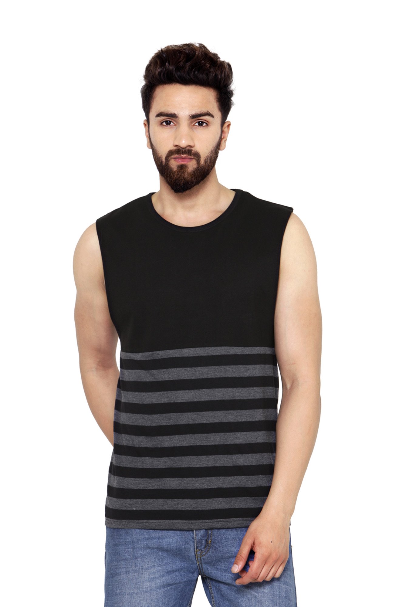 Hypernation Black & Grey Striped Sleeveless T-Shirt