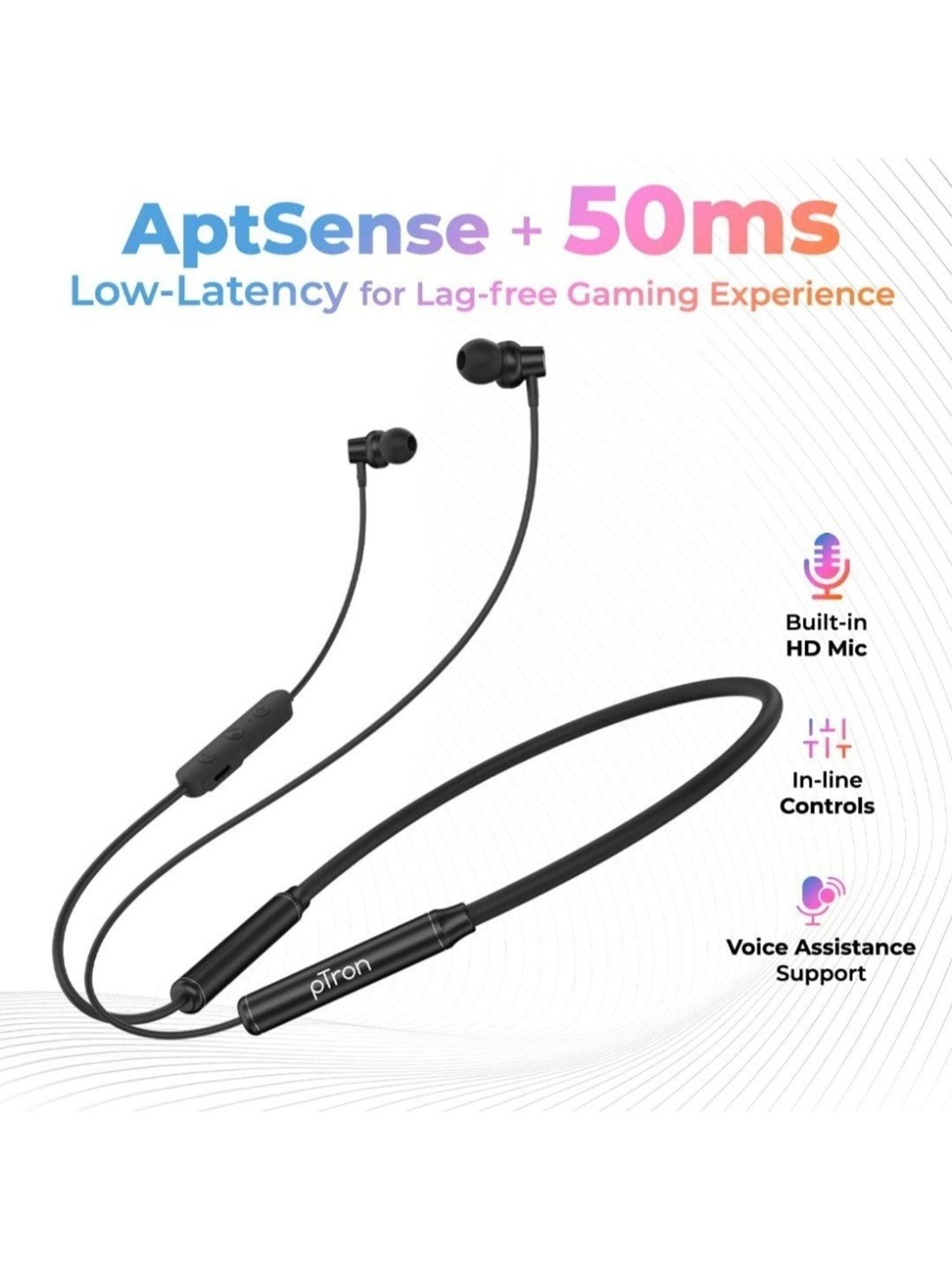 PTron Tangent Urban with 60 Hours Playtime, Wireless Bluetooth 5.3 Neckband, Type-C Charging (Black)