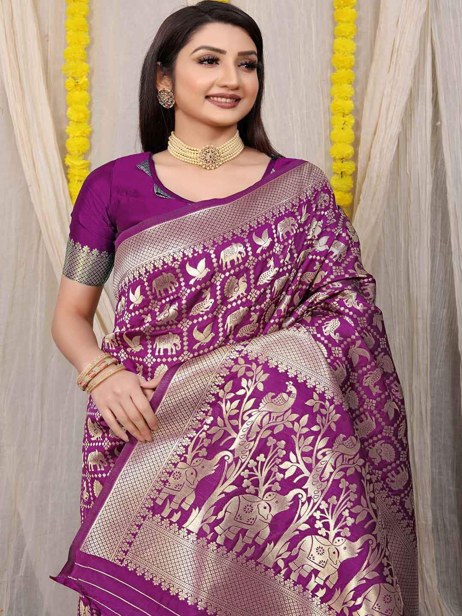 SHUBHKALA Purple Silk Woven Saree With Unstitched Blouse