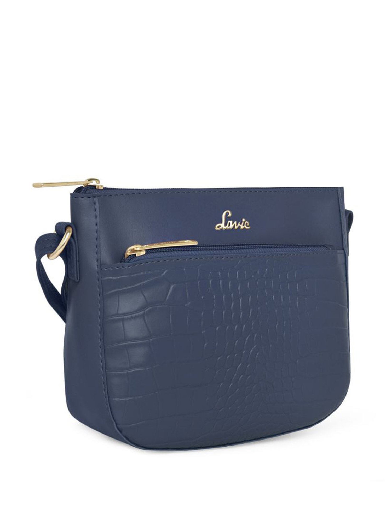 Lavie Croc Saddle Navy Synthetic Textured Sling Handbag