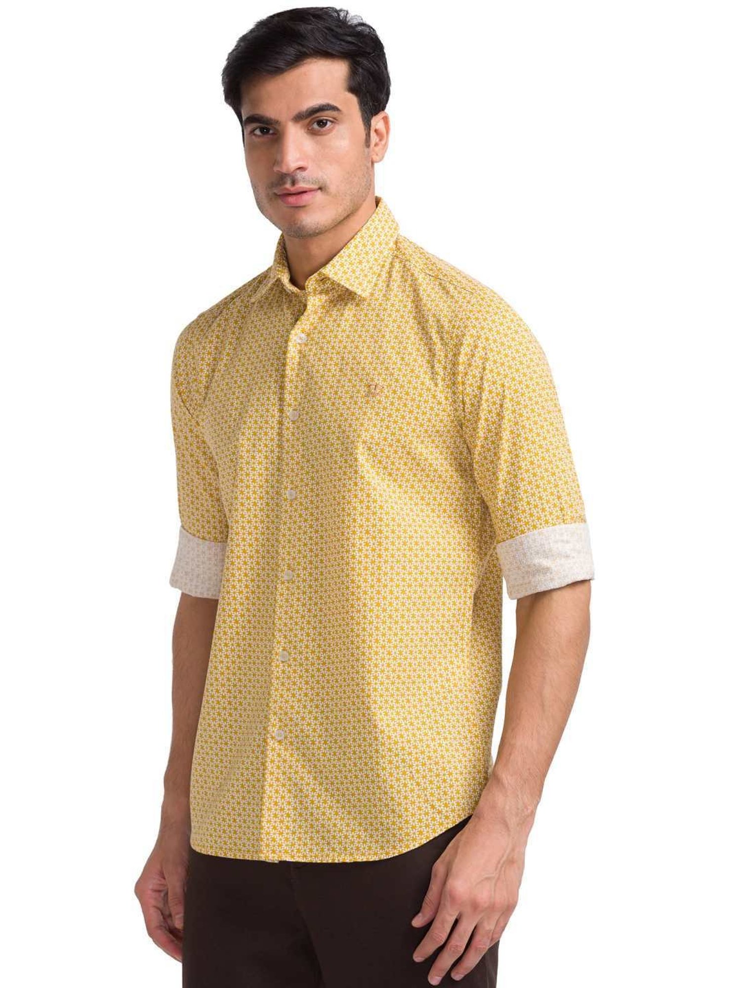 ColorPlus Yellow Pure Cotton Tailored Fit Printed Shirt