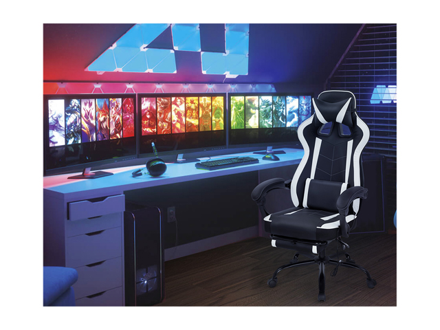 PC Gaming Chair Home Office Chair Racing Computer Chair with Lumbar Support Reclining Armrest Foot Rest Rolling Swivel PU Leather Ergonomic Task Desk Chair for Men(White)