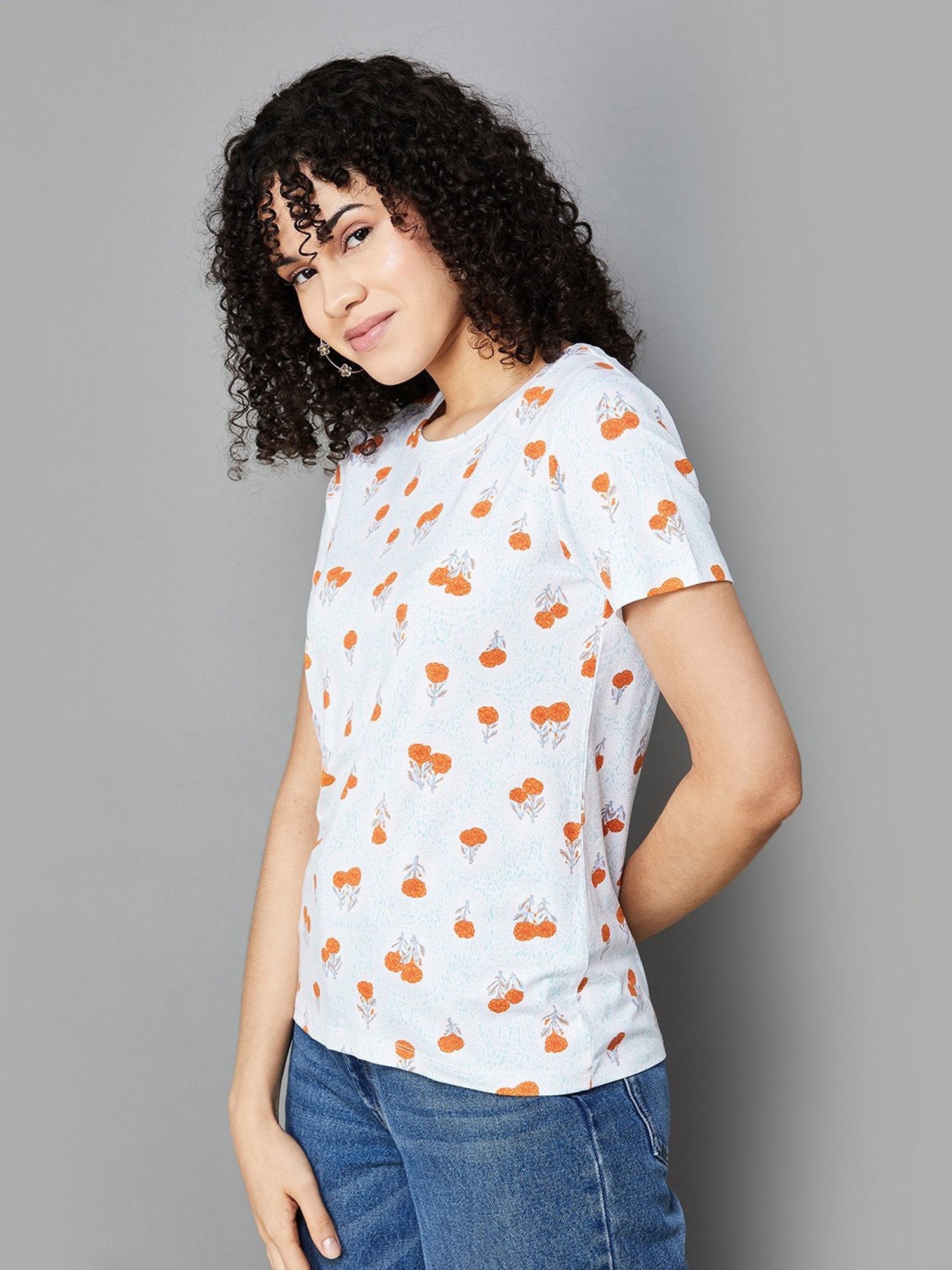 Colour Me by Melange White & Orange Floral Print T-Shirt