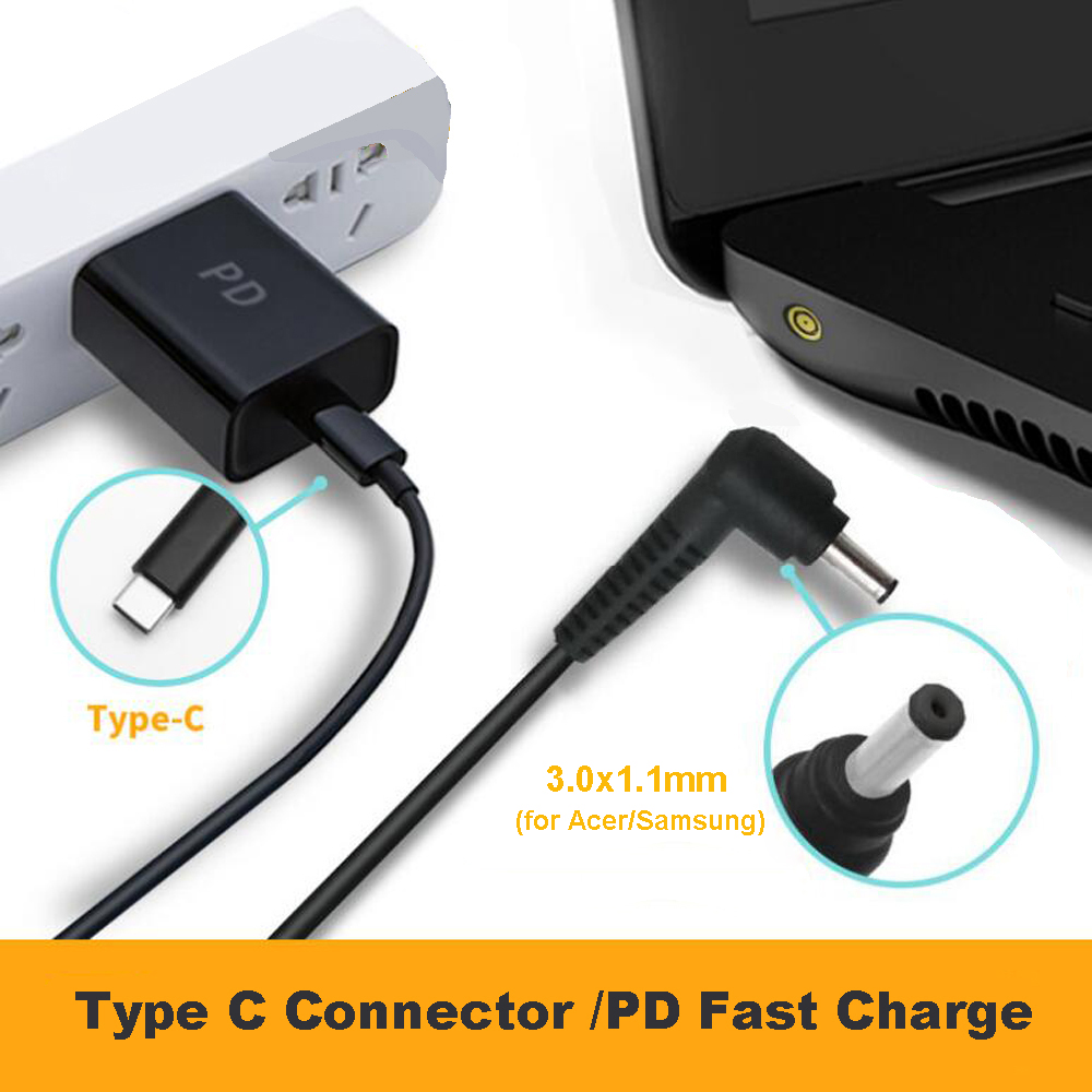 USB-C to DC Tip 3.0x1.1mm Power Cable for Acer Aspire S3 S5 S7 P3 Iconia Tab W500 W700 Samsung Series 5 9 Ultrabook Asus Zenbook UX21 UX21E UX31 Transformer Book T200 T200T T200TA T300CHI T300 (black)