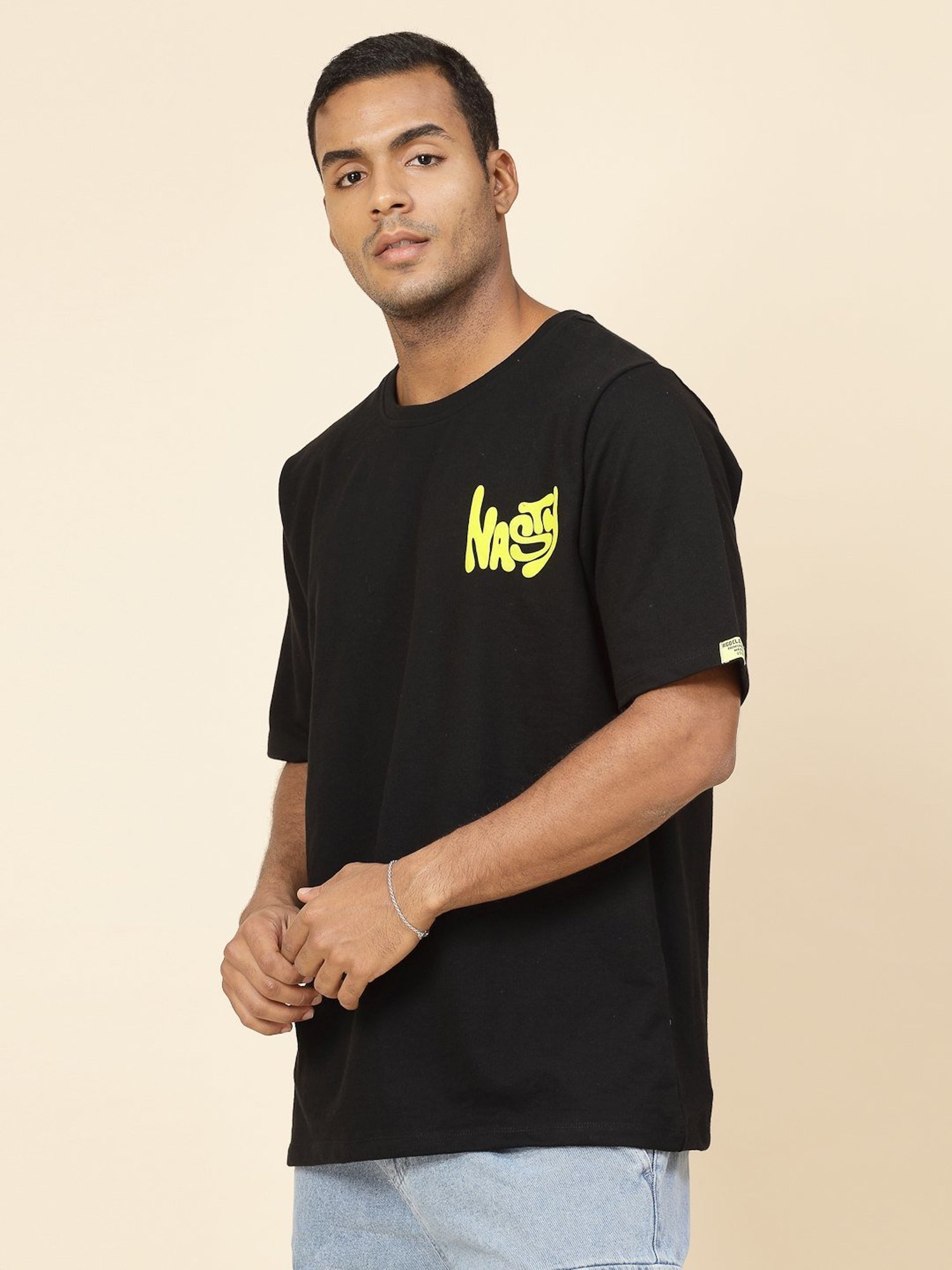 Rigo Black Cotton Loose Fit Typography T-Shirt