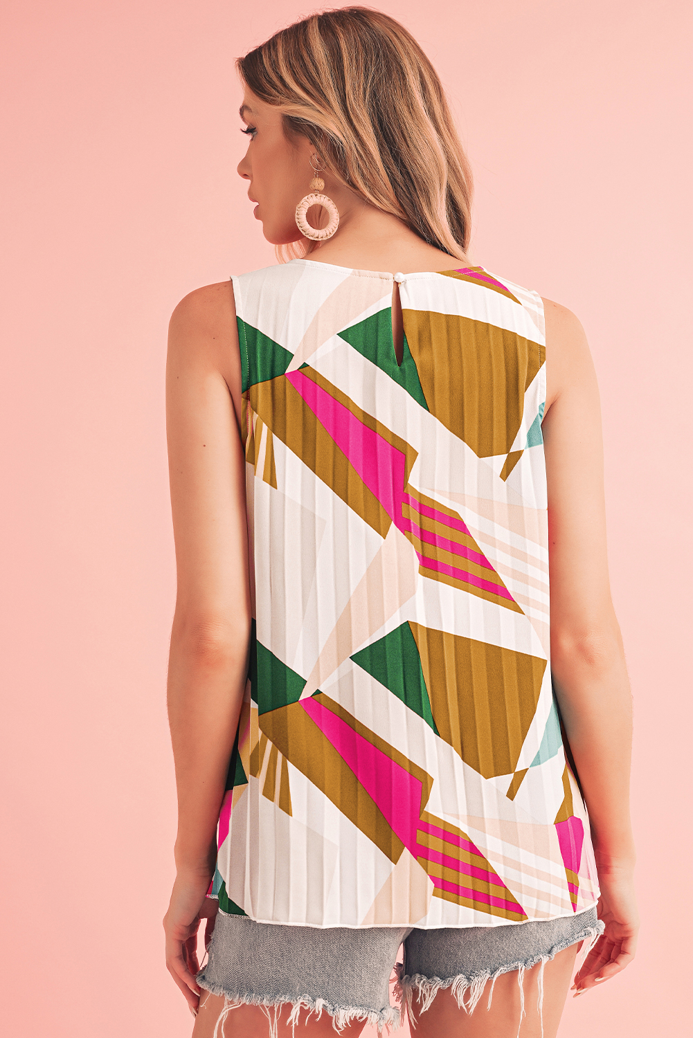 Multicolor Boho Geometric Print Keyhole Back Pleated Sleeveless Shirt