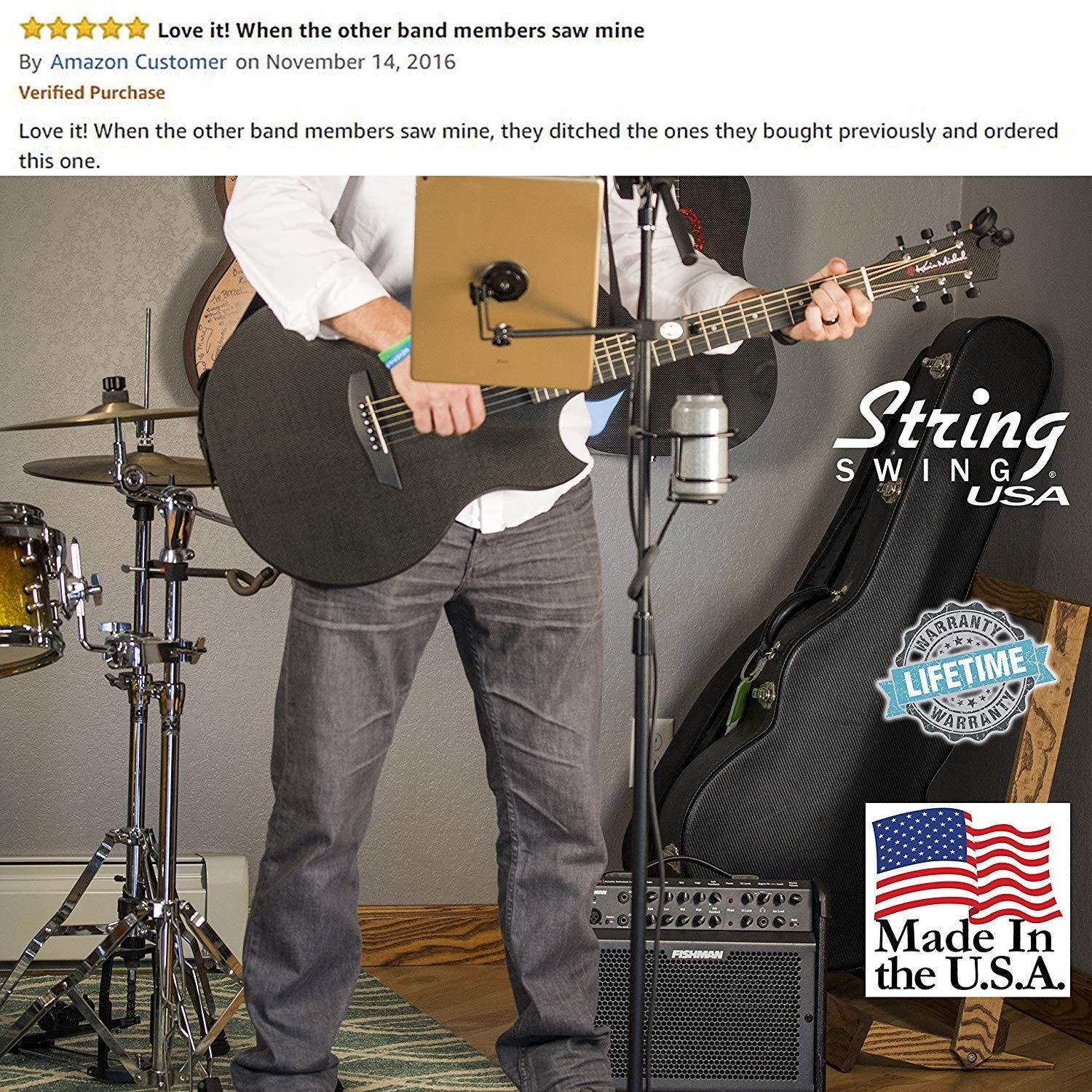 Mic Stand Drink Holder - Microphone & Cymbal Pole Stagehand Music Mount for Soft Beverages Soda Can Coffee or Tea Cup and Water Bottle - Black Heavy Duty Studio Quality Made in USA - String Swing SH01