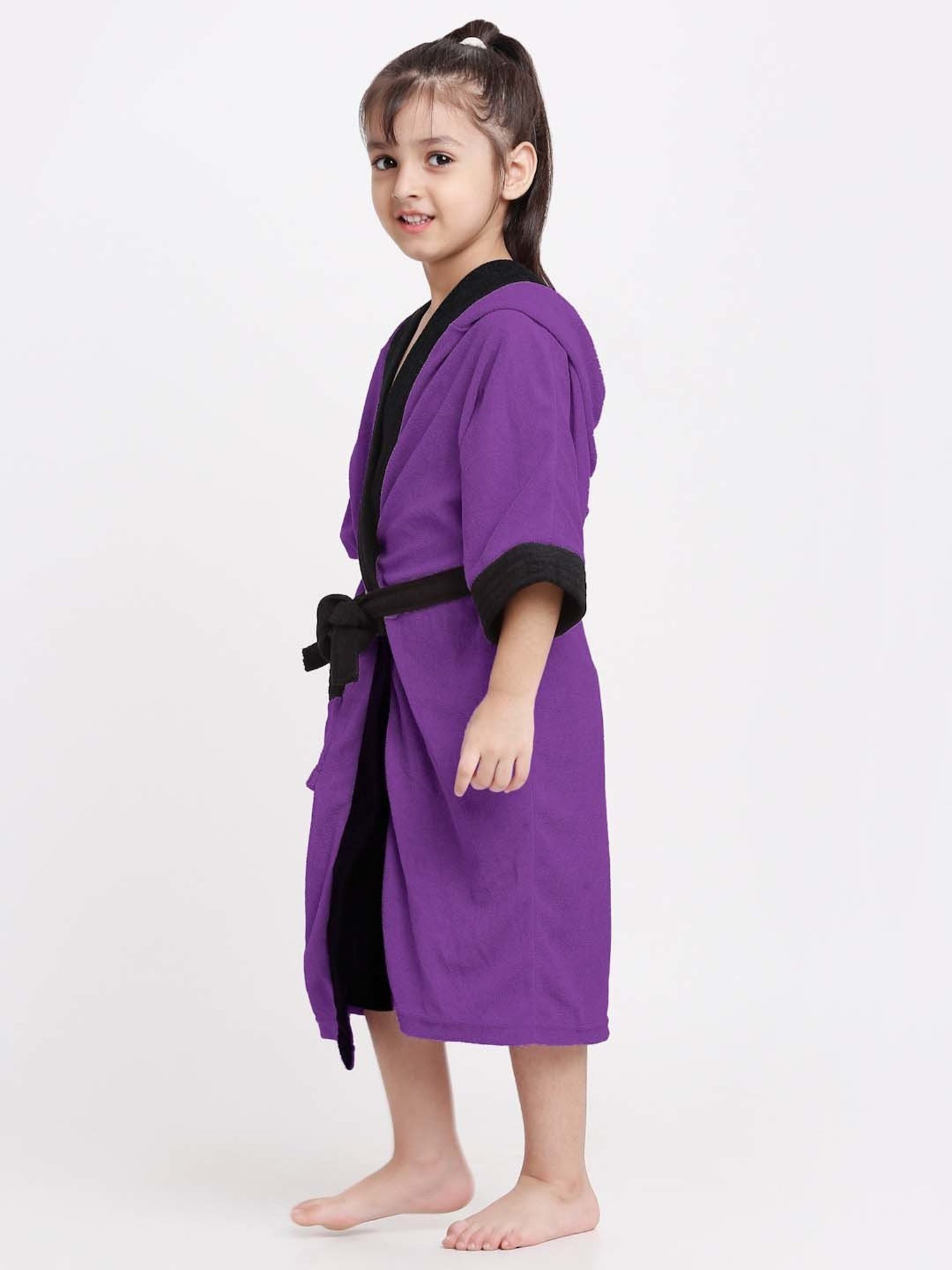 Creeva Melodious Indigo & Black Micro Terry 225 GSM Kids Hooded Bathrobe 6-7 Years With Pocket